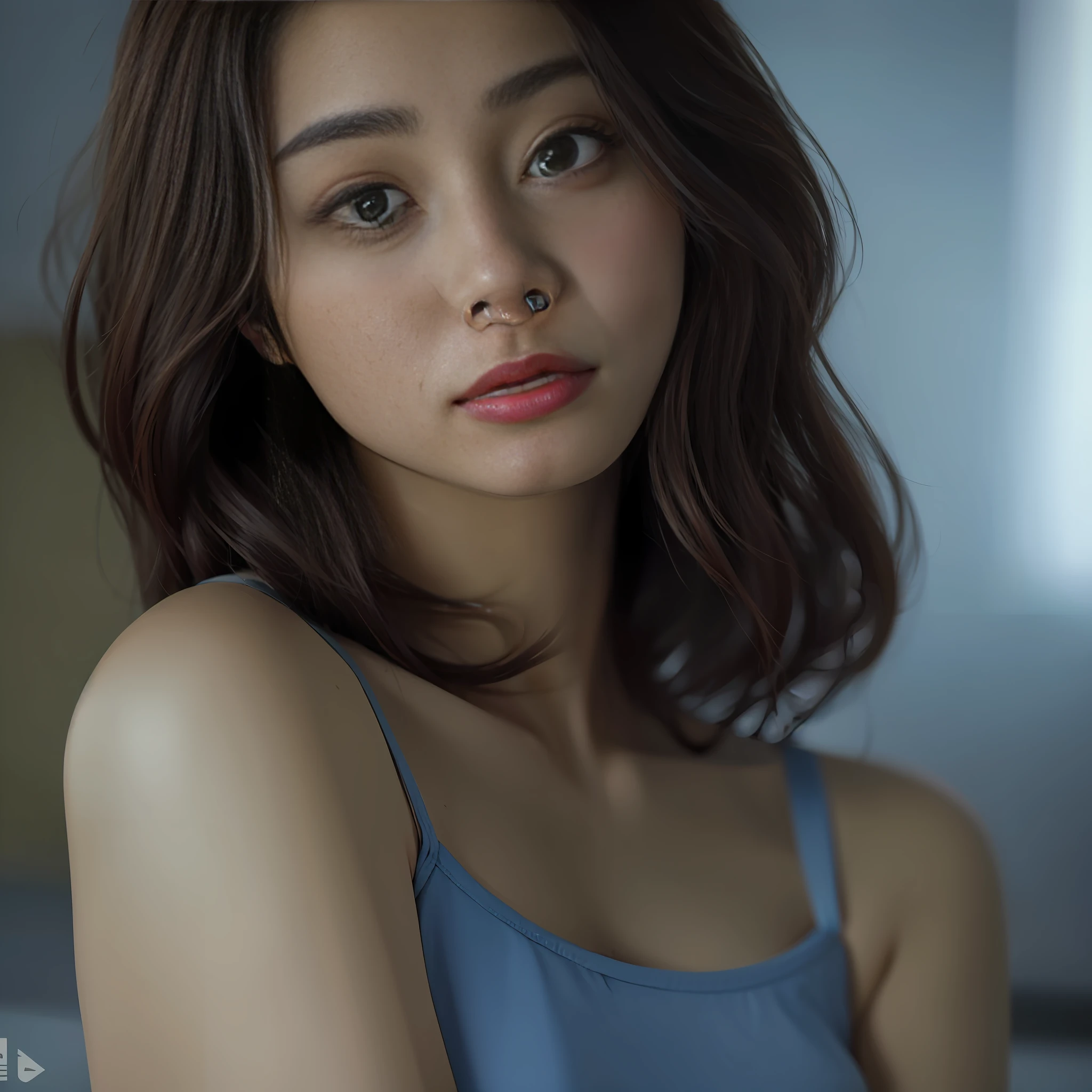 there is a woman with a blue top posing for a picture, jaeyeon nam, soft portrait shot 8 k, gorgeous young korean woman, korean girl, 🤤 girl portrait, beautiful young korean woman, with short hair, beautiful south korean woman, heonhwa choe, realistic. cheng yi, young adorable korean face, girl cute-fine-face