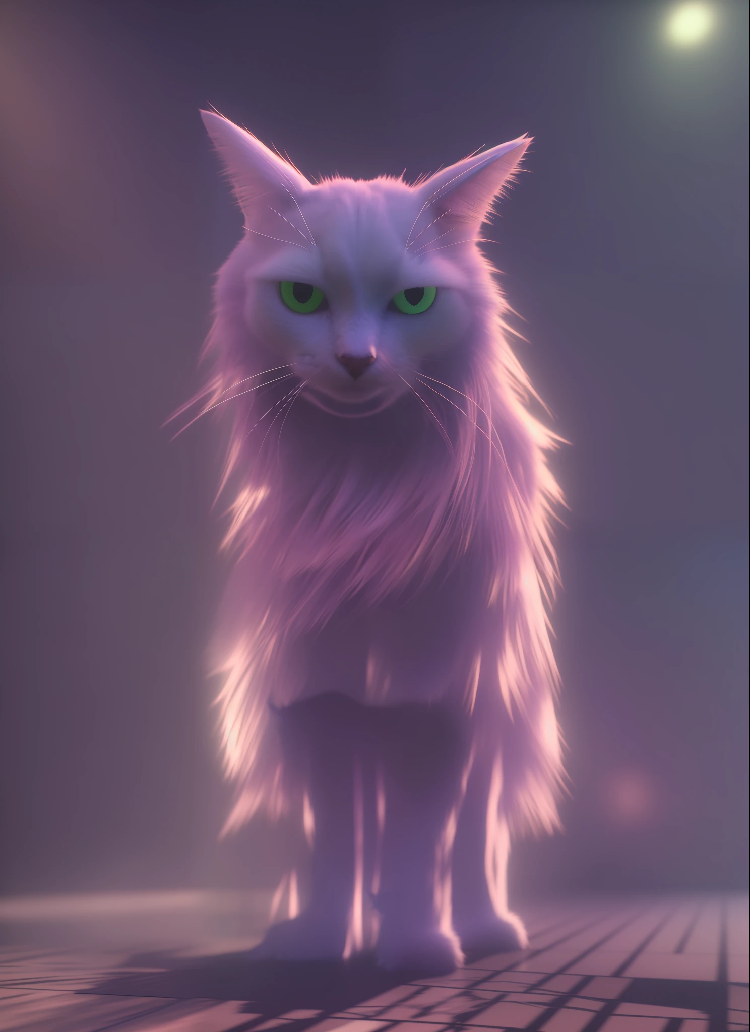 A Cat Standing in the Colored Void mllocst, synth, unreal, dramatic, portrait, full body, octane rendering, unreal engine 5, ray traced lighting, fog, shadows, atmospheric fog, 8k, f/1.2, backlight, rimlight, black light, yellow eyes, very complex, very detailed