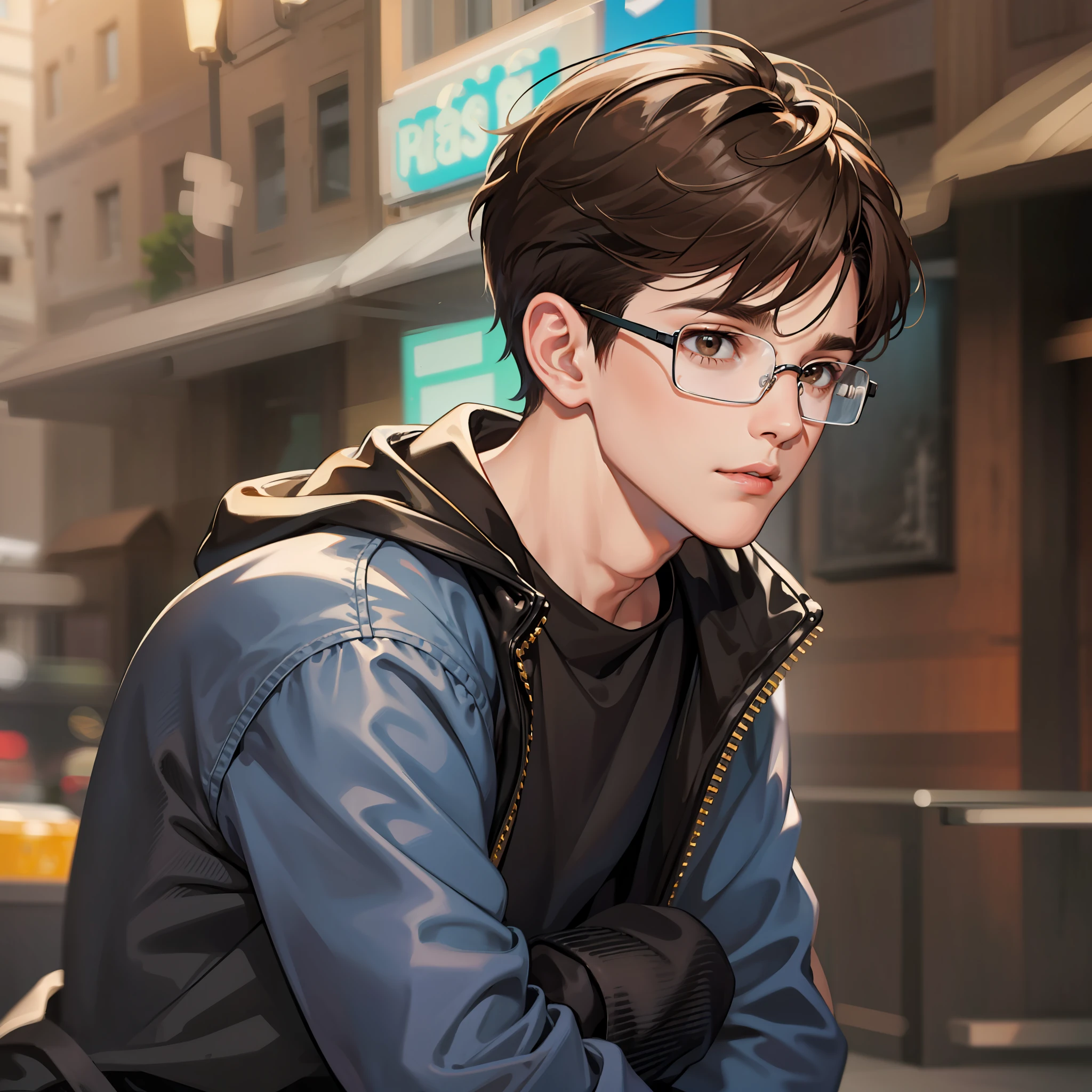 1boy, male, solo, wearing square glasses, short brown hair, bangs, brown eyes, black jacket, blue jeans, park in the background, day time