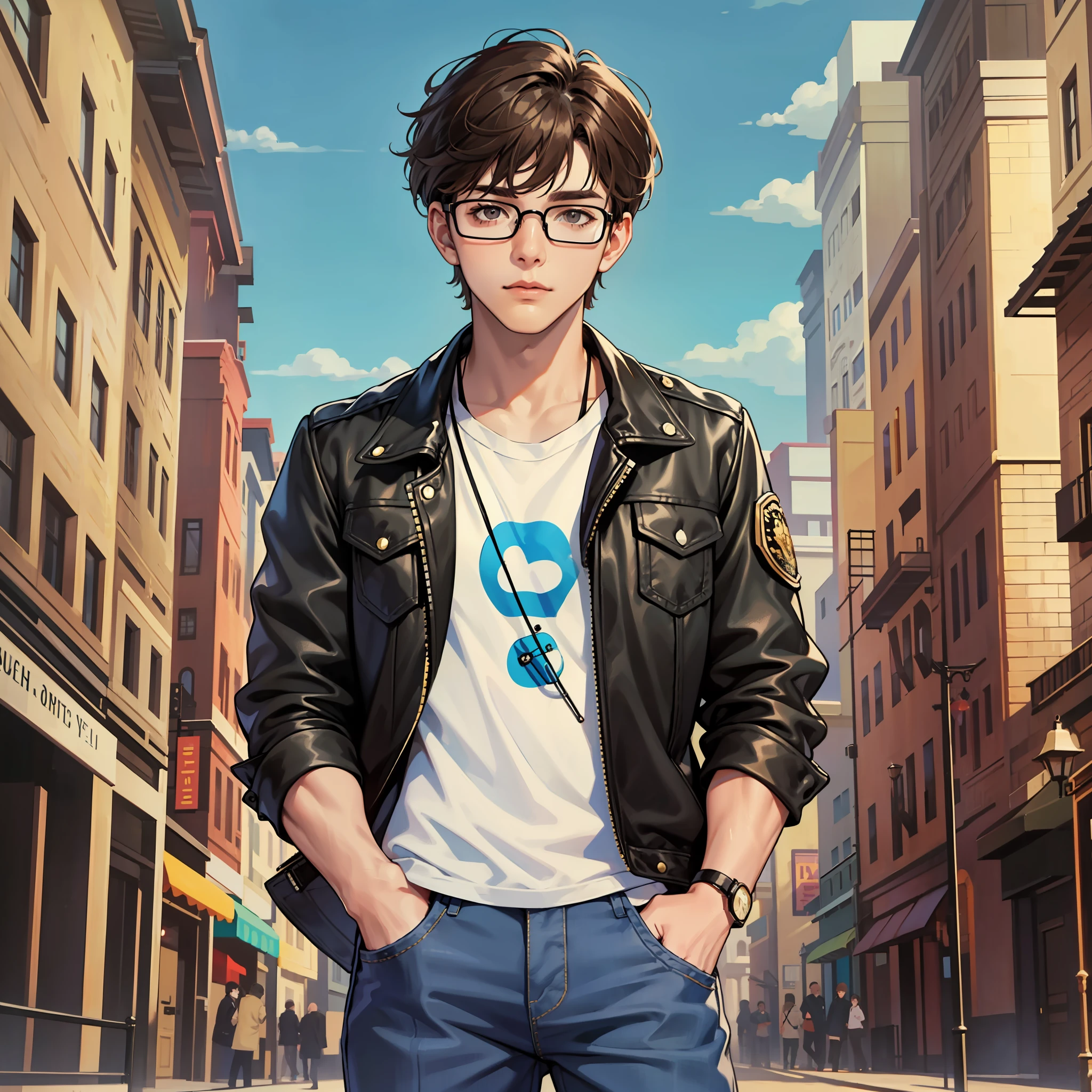 1boy, male, solo, wearing square glasses, short brown hair, bangs, brown eyes, black jacket, blue jeans, park in the background, day time