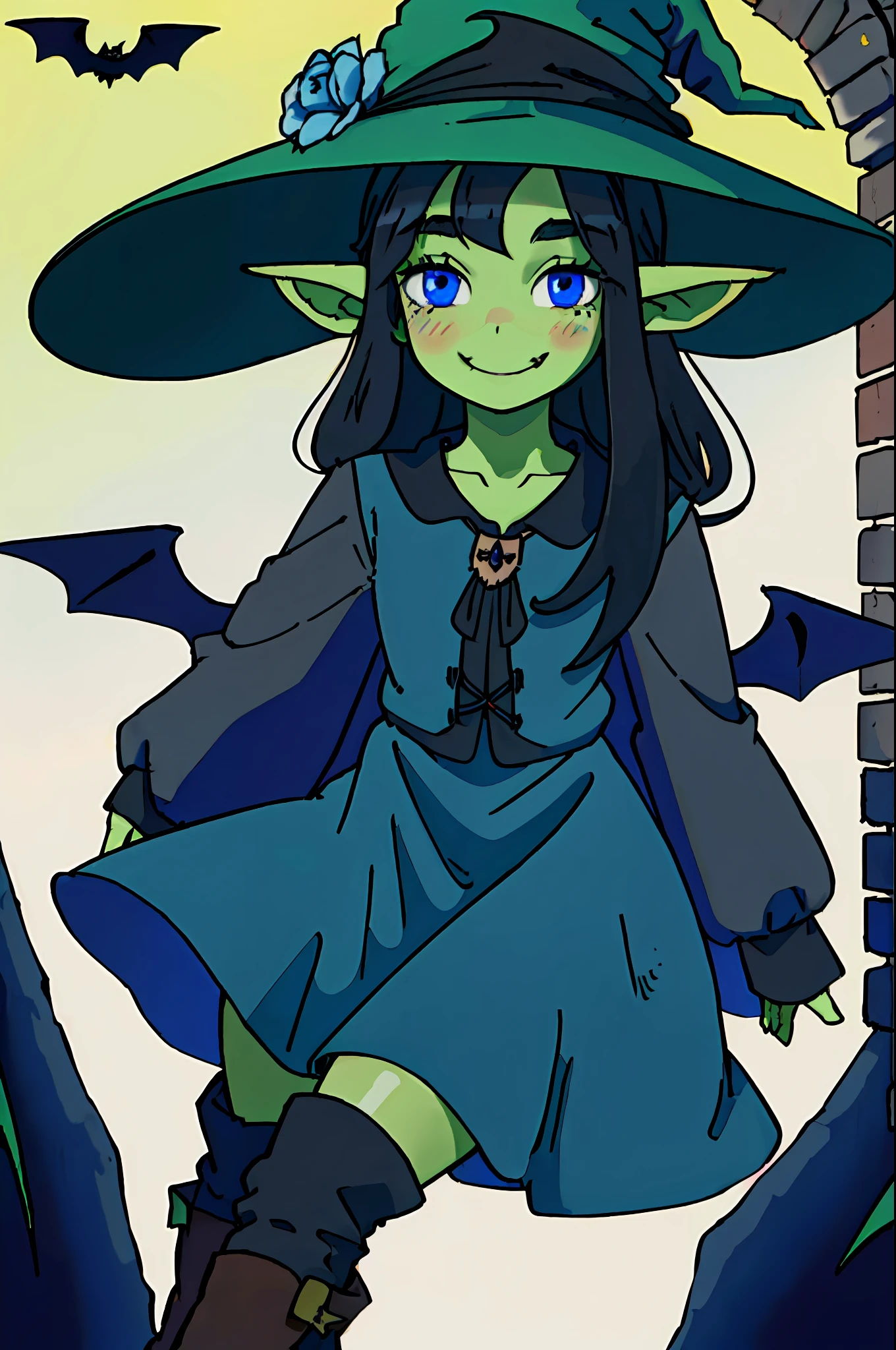 1girl, masterpiece, (large witch hat:1.2), (green skin:1.1), cute, hat flower, droopy eyes, (small bat wings on back:1.2), solo, smile, smug, (blue eyes:1.1), witch dress, droopy ears, (long hair:1.1), hair covering face, boots, (black hair:1.1), blush