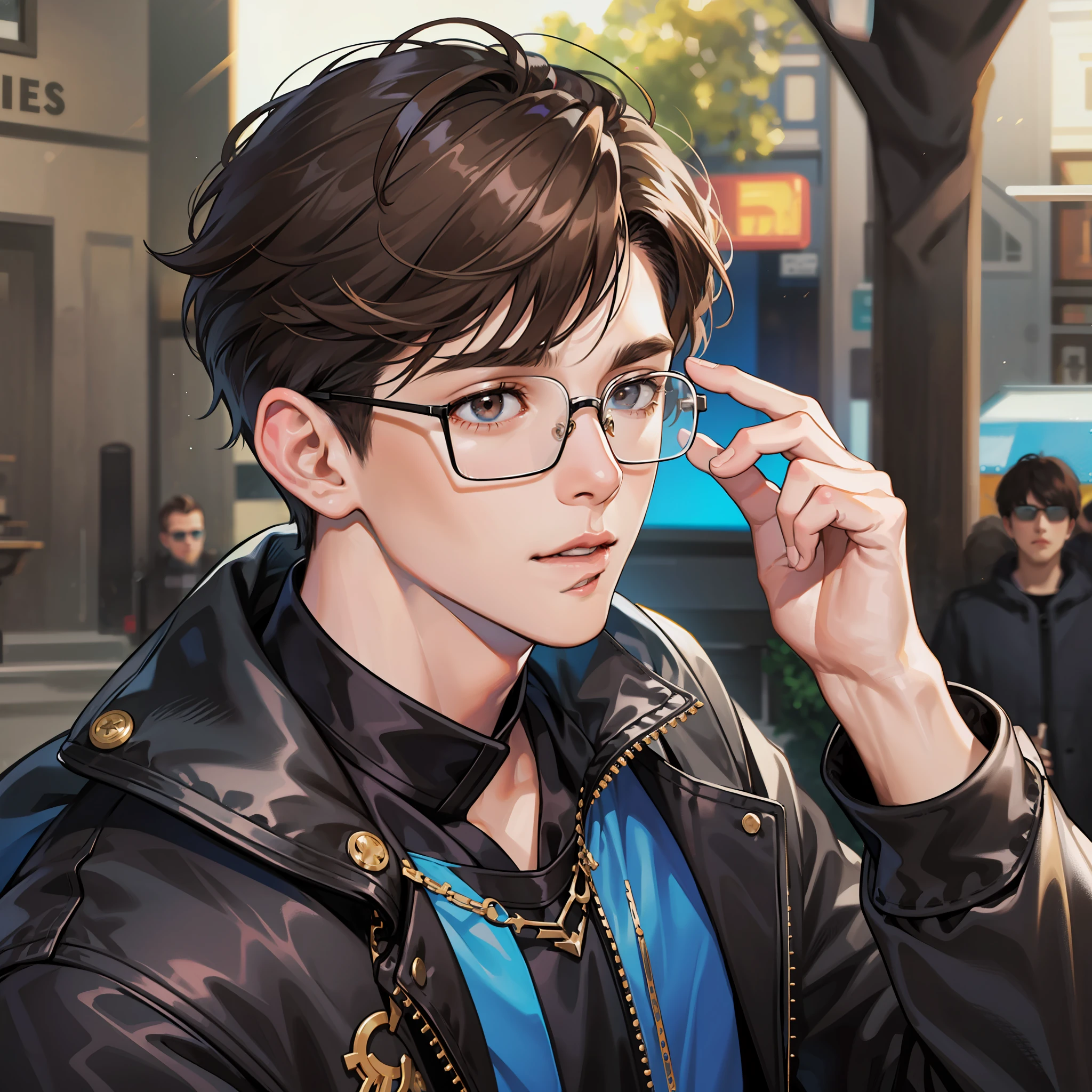 1boy, male, solo, wearing square glasses, short brown hair, bangs, brown eyes, black jacket, blue jeans, park in the background, day time