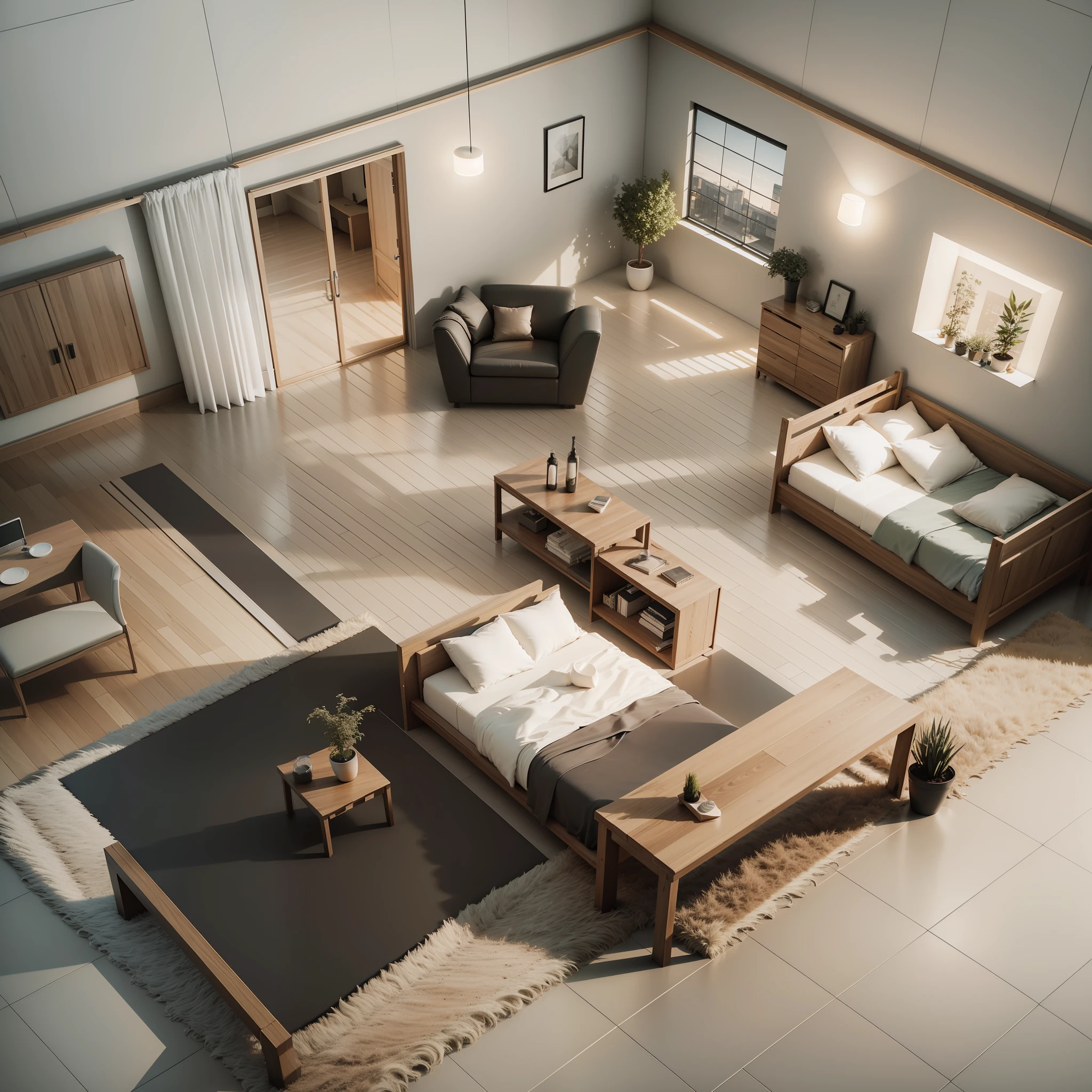 draw 3D floor plan, High realistic, High Quality 8K, sleep room, walls dark tile, floor wood tile, lighting nude, Europan style, rending with 3DMax --auto --s2