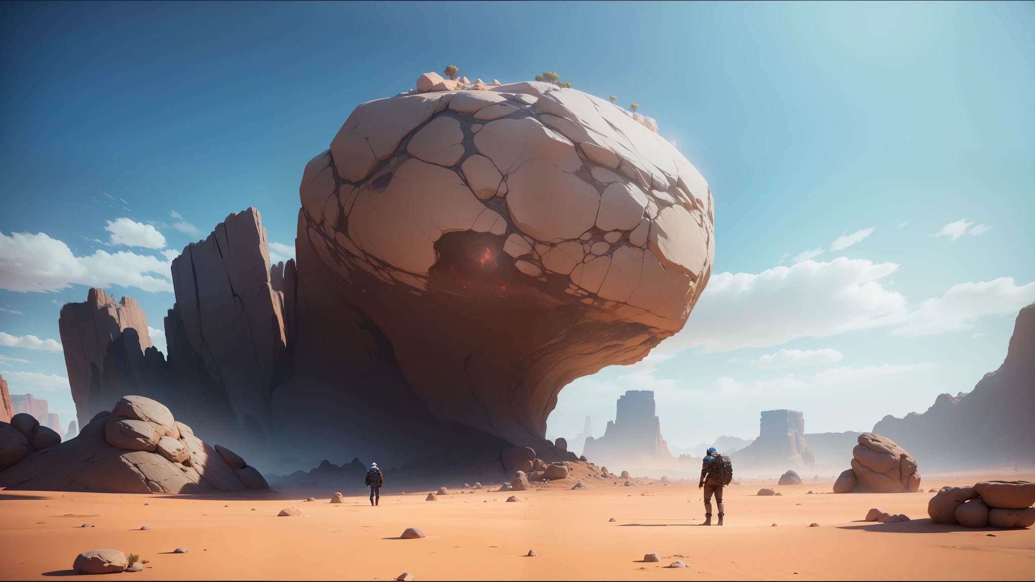 there is a man standing in the desert looking at a huge rock, created in unreal engine 5, inspired by Storm Thorgerson, inspired by François Joseph Heim, gameplay screenshot, otherland, the witness, environments --auto --s2