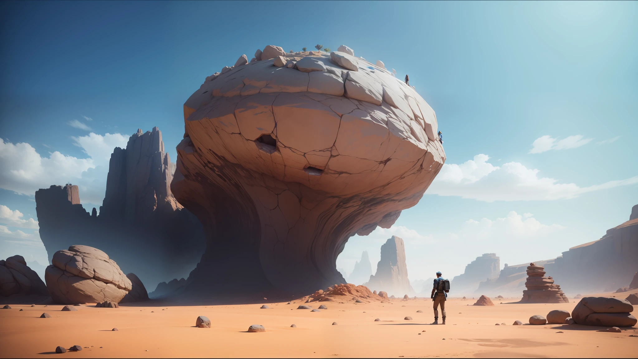 there is a man standing in the desert looking at a huge rock, created in unreal engine 5, inspired by Storm Thorgerson, inspired by François Joseph Heim, gameplay screenshot, otherland, the witness, environments --auto --s2