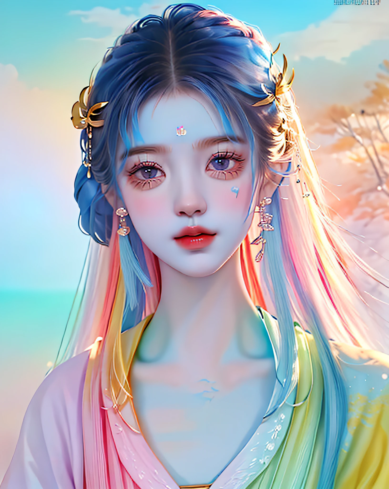 (8k, RAW photo:1.2), best quality, ultra high res,dramatic angle,(fluttered detailed color splashs), (illustration),(((1 girl))),(long hair),(rain:0.9), (头饰:1.4),少女身边有一座古宫,汉服,(重点),彩色水墨画,(泼彩),泼彩,(((colorful))),(素描:0.8) , Masterpiece, best quality, beautiful painted, highly detailed,(denoising:0.6),[splash ink],((ink refraction)), (beautiful detailed sky),moon,highly,detaild,(masterpiece, best quality, extremely detailed） CG unity 8k壁纸，杰作，最好的质量，超详细），（石蒜），