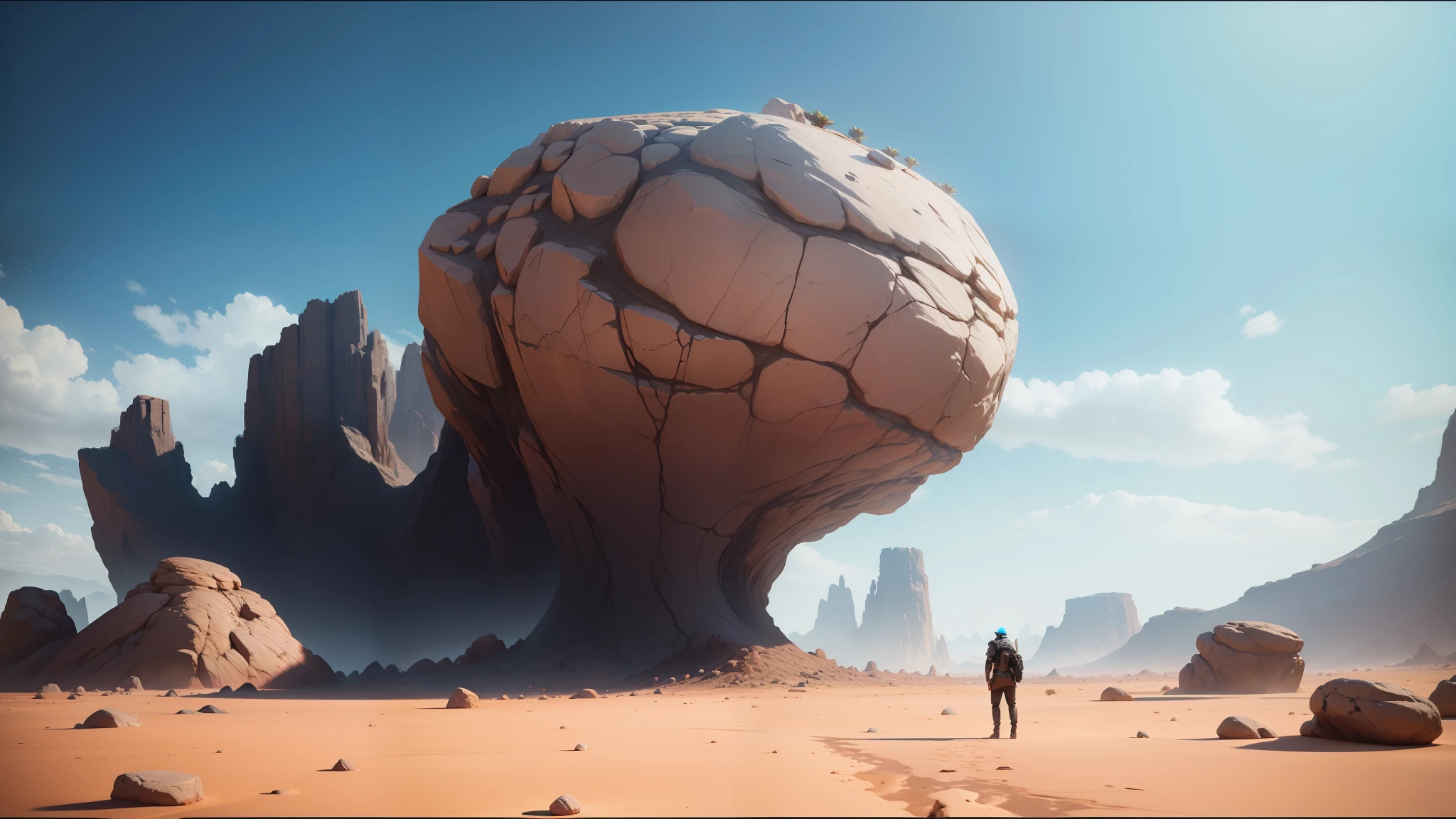 there is a man standing in the desert looking at a huge rock, created in unreal engine 5, inspired by Storm Thorgerson, inspired by François Joseph Heim, gameplay screenshot, otherland, the witness, environments --auto --s2