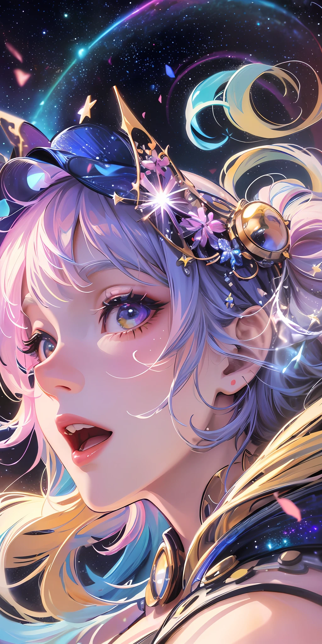 High detail, super detail, super high resolution, girl enjoying her time in the dream galaxy, surrounded by stars, warm light sprinkled on her, background is starry sky with colorful galaxies and galaxy clouds, stars flying around her, delicate face, adding playful atmosphere , --v6