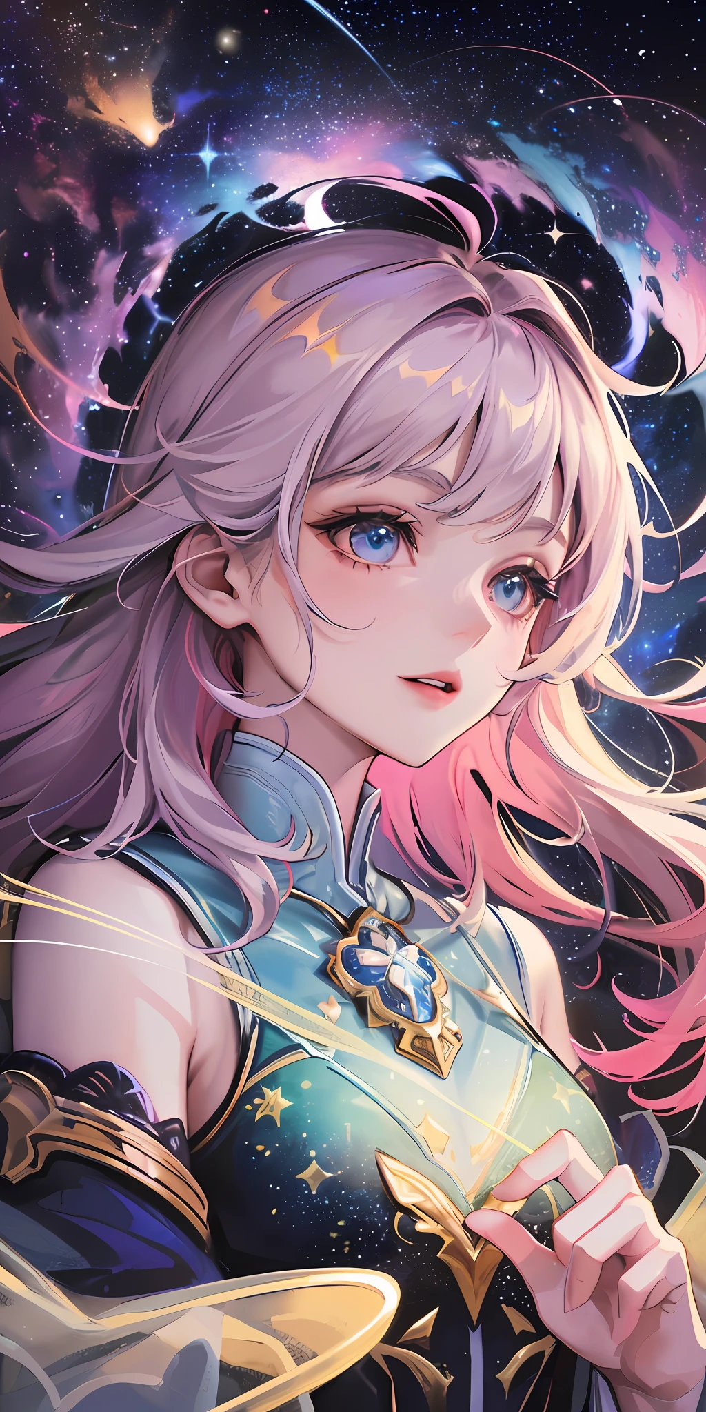 High detail, super detail, super high resolution, girl enjoying her time in the dream galaxy, surrounded by stars, warm light sprinkled on her, background is starry sky with colorful galaxies and galaxy clouds, stars flying around her, delicate face, adding playful atmosphere , --v6