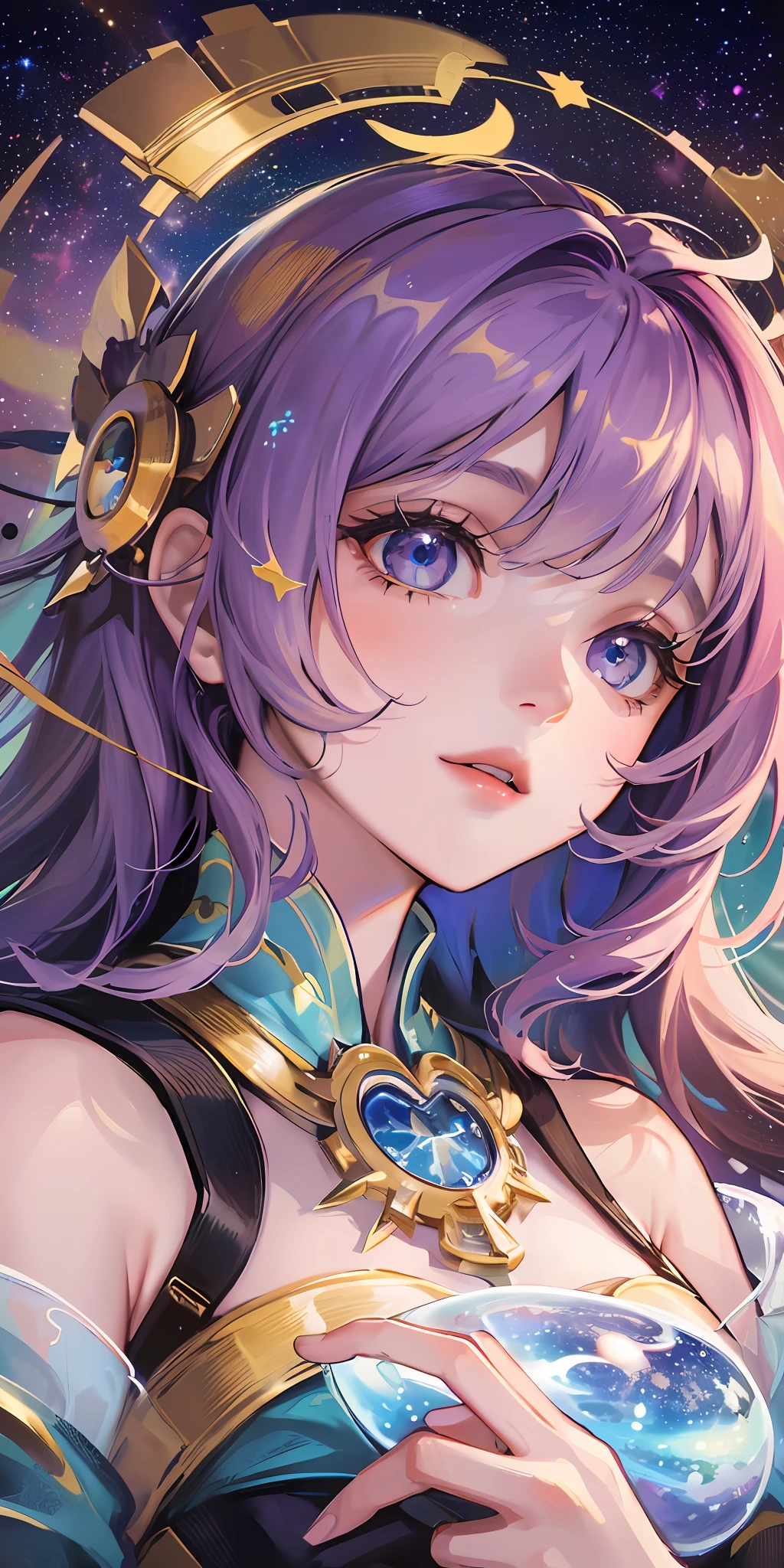 High detail, super detail, super high resolution, girl enjoying her time in the dream galaxy, surrounded by stars, warm light sprinkled on her, background is starry sky with colorful galaxies and galaxy clouds, stars flying around her, delicate face, adding playful atmosphere , --v6