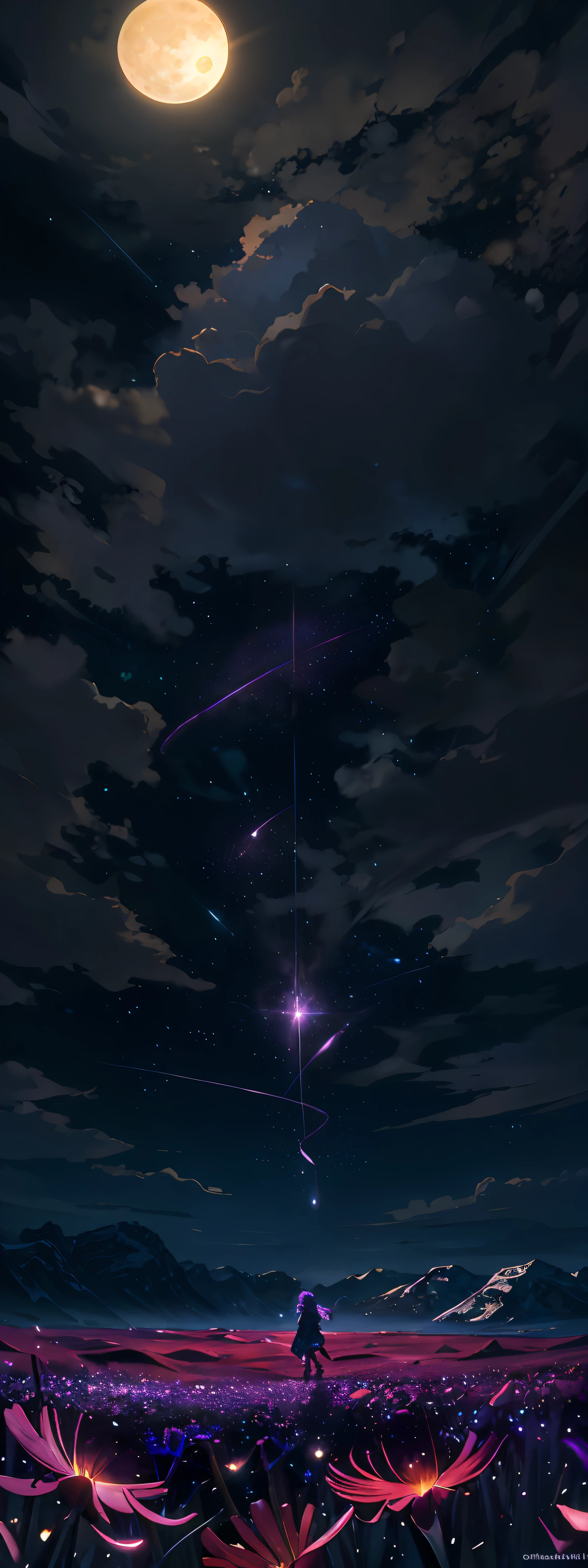 expansive landscape photograph , (a view from below that shows sky above and open field below), a girl standing on flower field looking up, (full moon:1.2), ( shooting stars:0.9), (nebula:1.3), distant mountain, tree BREAK
production art, (warm light source:1.2), (Firefly:1.2), lamp, lot of purple and orange, intricate details, volumetric lighting, realism BREAK
(masterpiece:1.2), (best quality), 4k, ultra-detailed, (dynamic composition:1.4), highly detailed, colorful details,( iridescent colors:1.2), (glowing lighting, atmospheric lighting), dreamy, magical, (solo:1.2)