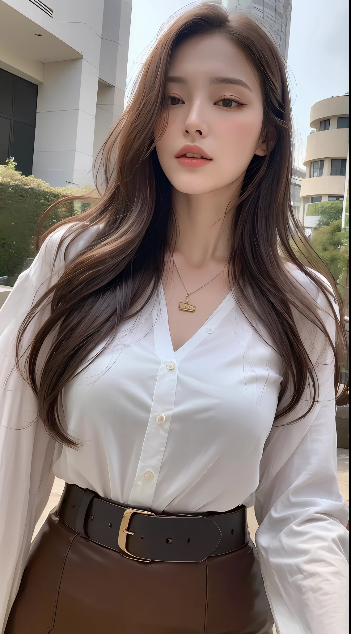(Best quality, High resolution, Masterpiece :1.3), A tall and pretty woman, Slender abs, Dark brown hair styled in loose waves, Breasts, Wearing pendant, White button up shirt, Belt, Black skirt, (Modern architecture in background), Details exquisitely rendered in the face and skin texture, Detailed eyes, Double eyelid