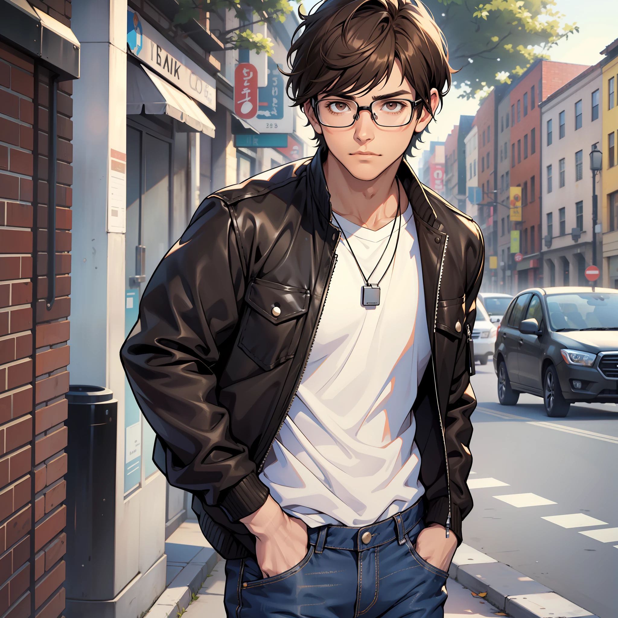 1boy, male, solo, older, wearing square glasses, short brown hair, bangs, brown eyes, black jacket, blue jeans, park in the background, day time