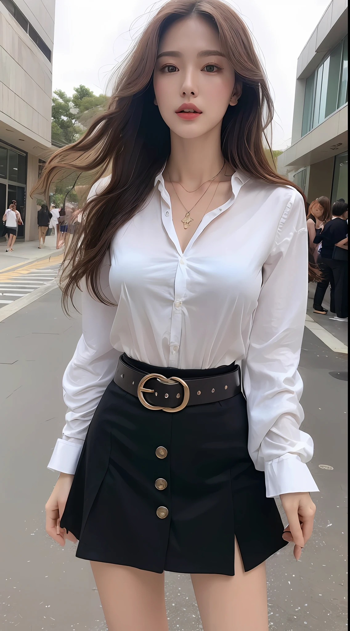 (Best quality, High resolution, Masterpiece :1.3), A tall and pretty woman, Slender abs, Dark brown hair styled in loose waves, Breasts, Wearing pendant, White button up shirt, Belt, Black skirt, (Modern architecture in background), Details exquisitely rendered in the face and skin texture, Detailed eyes, Double eyelid