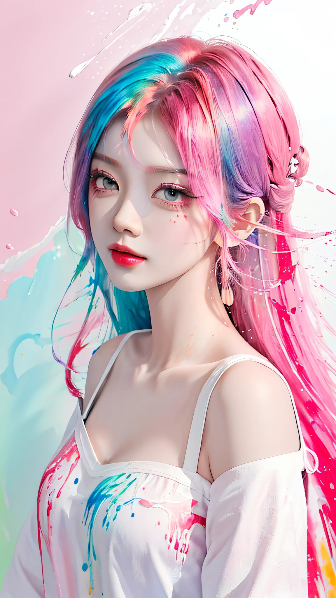(Masterpiece, Best Quality, High Resolution), White Background, ((Paint Splash, Color Splash, Splash of Ink, Color Splash)), Sweet Chinese Girl, Rainbow Hair, Pink Lips, Front, Upper Body