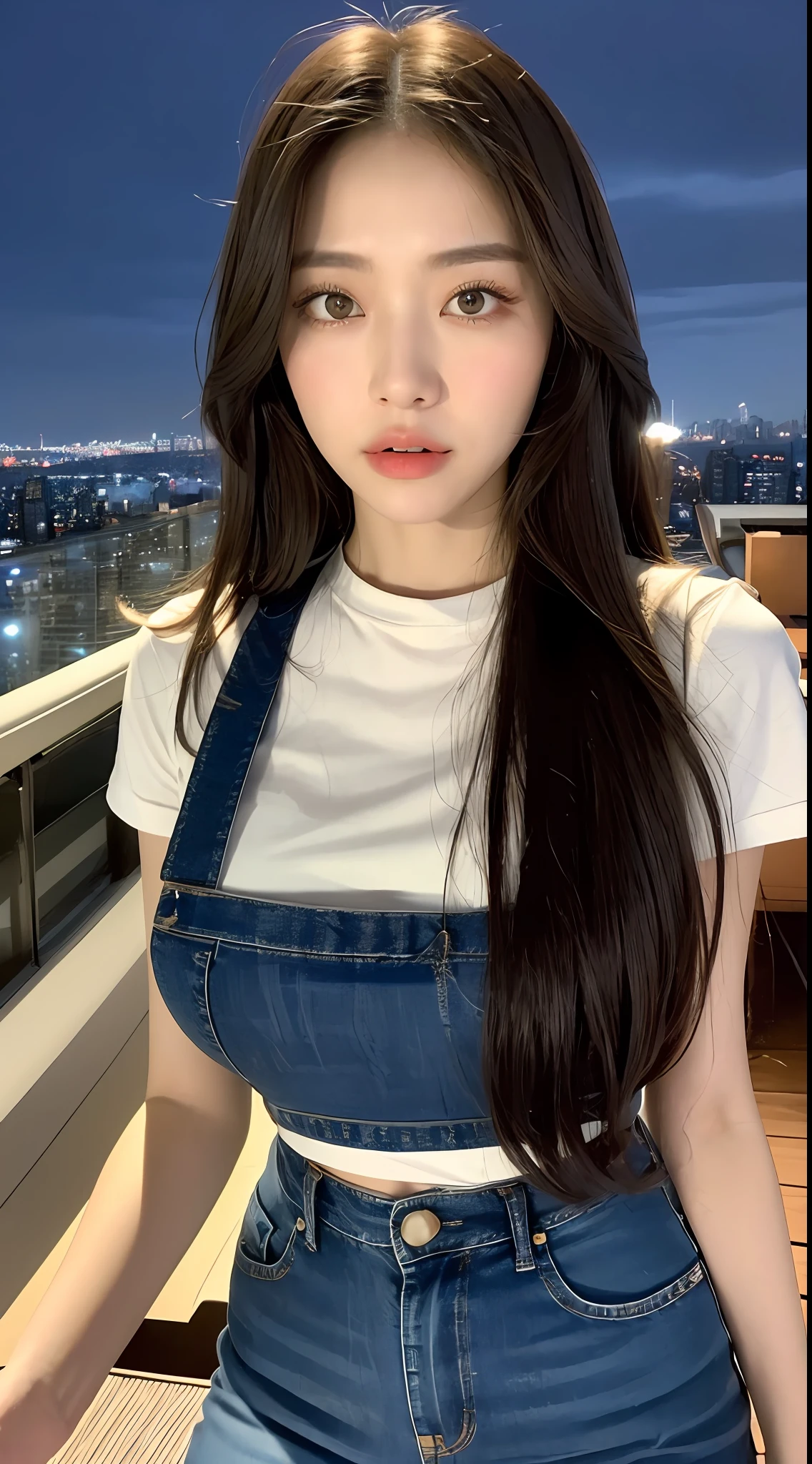 ((Midnight, Best quality, 8k, Masterpiece :1.3)), Whole body, Long legs, Sharp focus :1.2, A pretty woman with perfect figure :1.4, Slender abs :1.1, ((Dark brown hair,Gigantic breasts :1.2)), (White tight tshirt, Jean bib, Standing:1.2), ((Night city view, Rooftop:1.3)), Highly detailed face and skin texture, Detailed eyes, Double eyelid