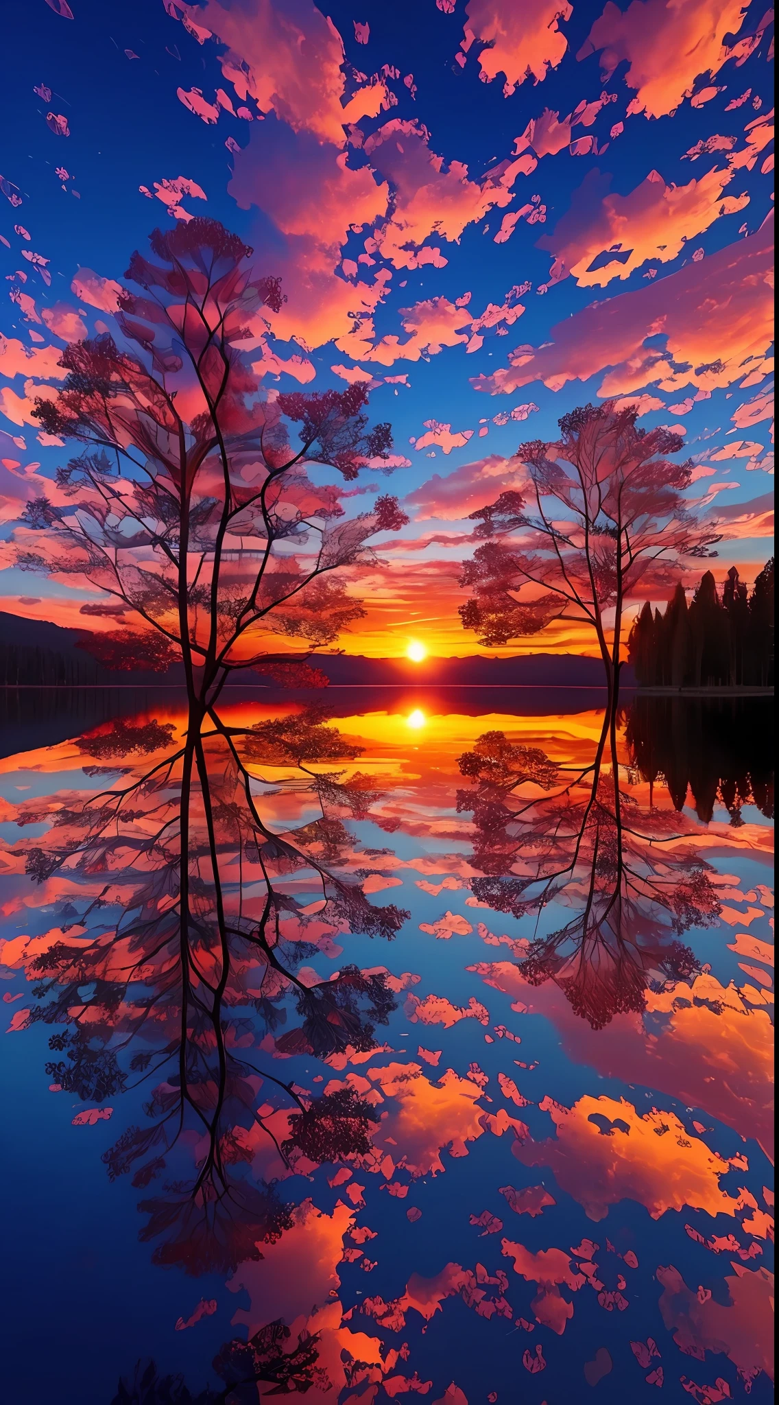 there is a beautiful sunset with a lake and trees in the background, colorful skies, surreal colors, colorful sunset, colorful sky, marvellous reflection of the sky, stunning sky, dream like atmosphere 8k, colorful clouds, colors reflecting on lake, surreal sky, red and blue reflections, fire reflection, beautiful sky, beautiful and spectacular dusk, beautiful dreamy landscape, amazing sky