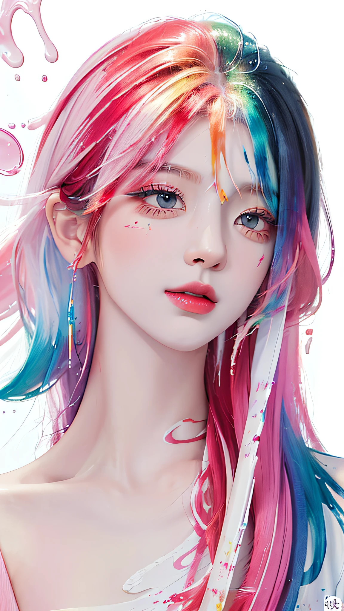 (Masterpiece, Best Quality, High Resolution), White Background, ((Paint Splash, Color Splash, Splash of Ink, Color Splash)), Sweet Chinese Girl, Rainbow Hair, Pink Lips, Front, Upper Body