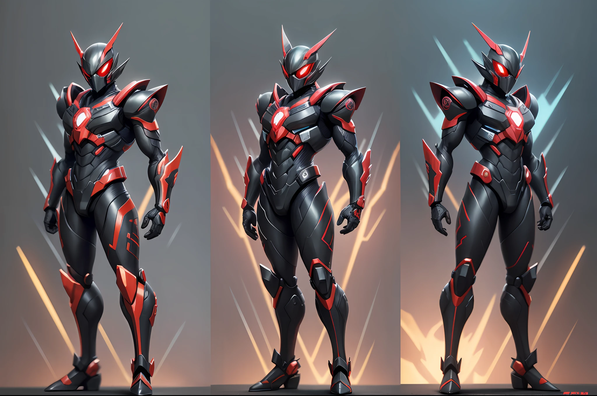 Kamen Rider Gatack + Kamen Rider Guyver black red character design, full body, legs, full body, concept art, high details, maximum details, 8k, 36k, realistic, photorealistic, HDR, highly detailed --auto --s2