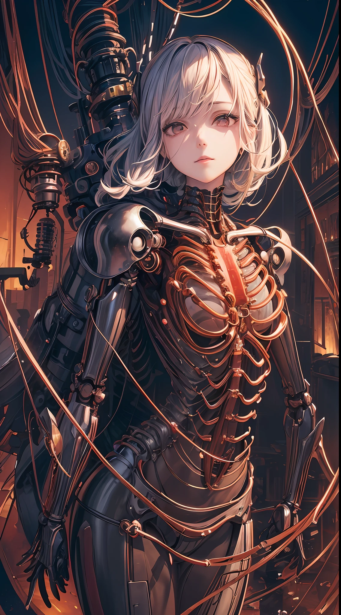 (((masterpiece))), ((best quality)), (ultra-detailed), (CG illustration), (an extremely devious and beautiful)), cinematic light, ((1 mechanical girl)), single, (machine-made joints: 1.4), ((mechanical limbs)), ( blood vessels attached to the tube), ((mechanical spine attached to the back)), ((mechanical cervical vertebrae attached to the neck), ((back to the viewer)), expressionless, (wires and cables attached to the head and body: 1.5), science fiction, apocalypse, ruins
