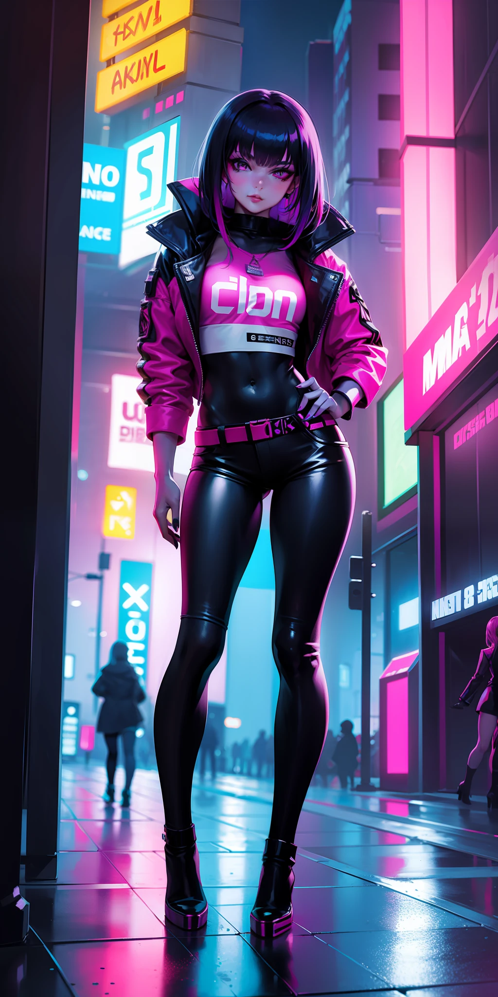 beautiful woman showing fashion Cyberpunk colorful neon lights