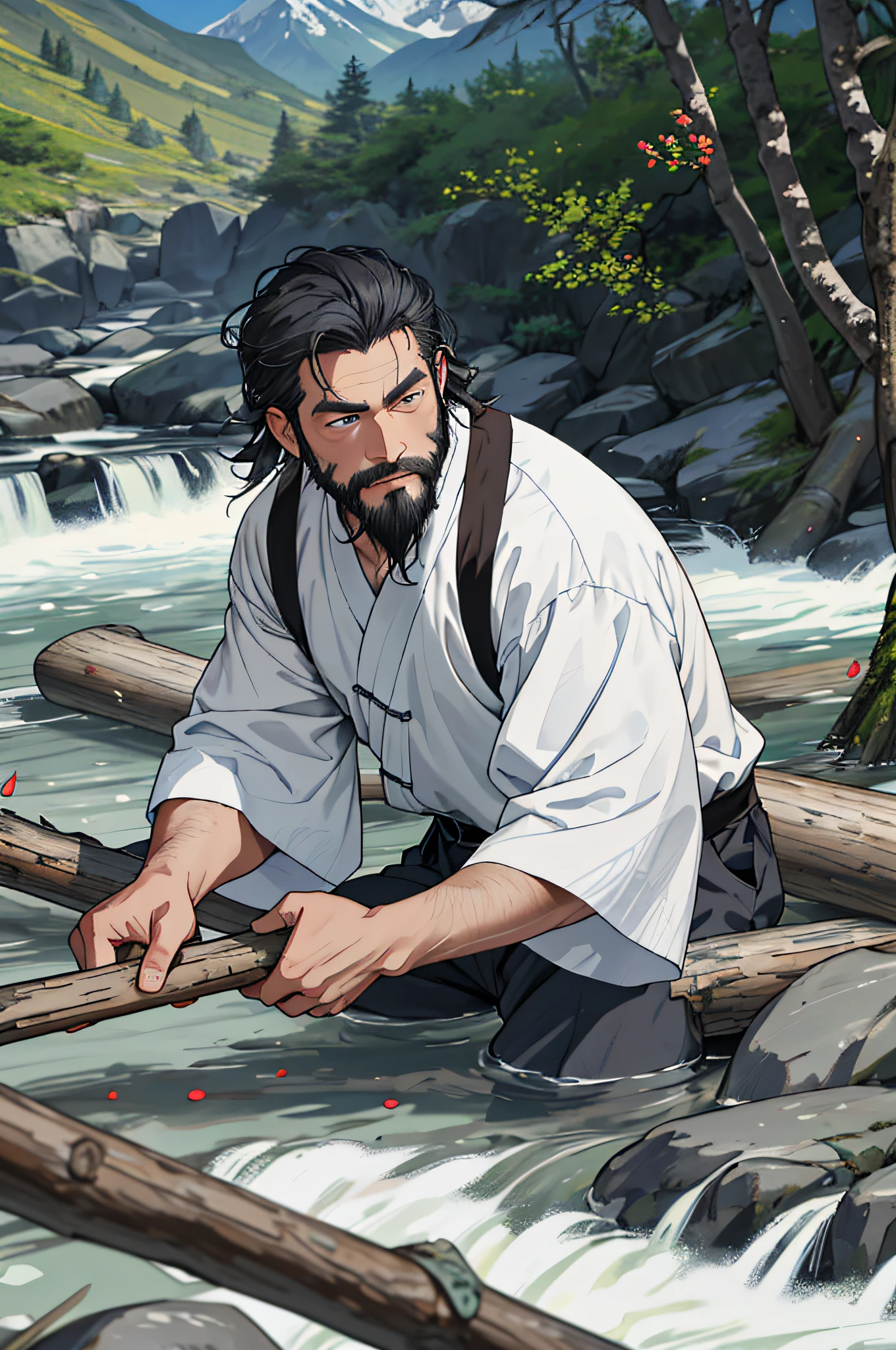 Father, alone, walking in the sun, mountain stream, flower petals, masterpiece, Chinese style, ancient Chinese, black hair, beard, wrinkles, gray-blue eyes, white hair, wrinkles, gray-blue eyes, thin, (woodcutter), outdoors, mountain stream background, man lying on the ground,