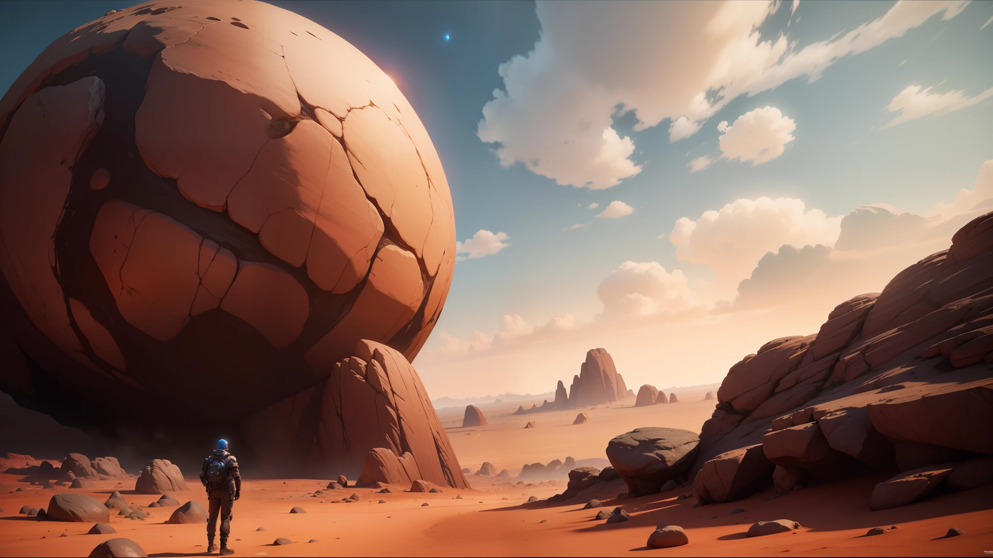 there is a man standing in front of a large rock, unity unreal engine, inspired by Storm Thorgerson, arid planet, gameplay screenshot, shot on anamorphic lenses, inspired by Jules Tavernier, playable trailer, floating spheres and shapes, 3 dmax, by Adam Paquette --auto --s2