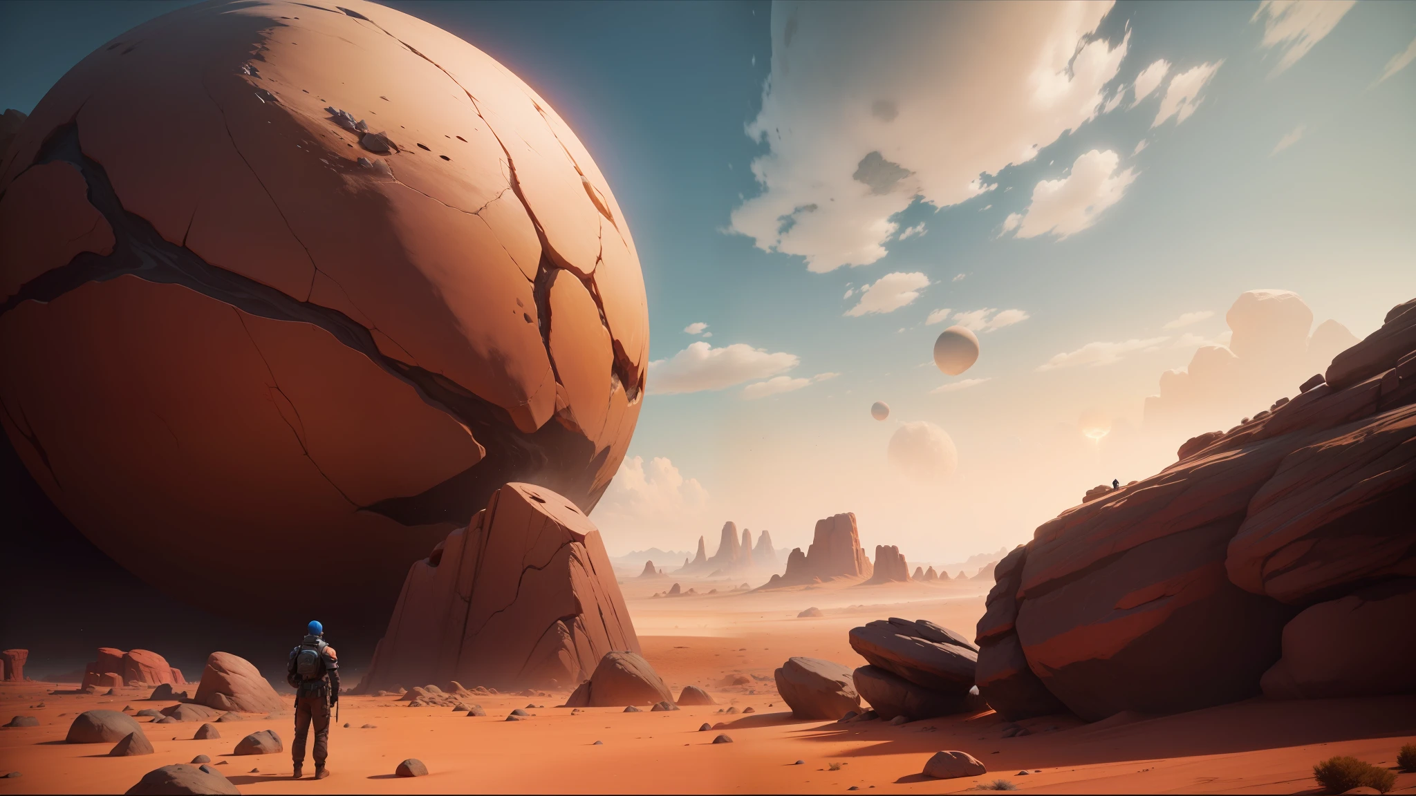 there is a man standing in front of a large rock, unity unreal engine, inspired by Storm Thorgerson, arid planet, gameplay screenshot, shot on anamorphic lenses, inspired by Jules Tavernier, playable trailer, floating spheres and shapes, 3 dmax, by Adam Paquette --auto --s2