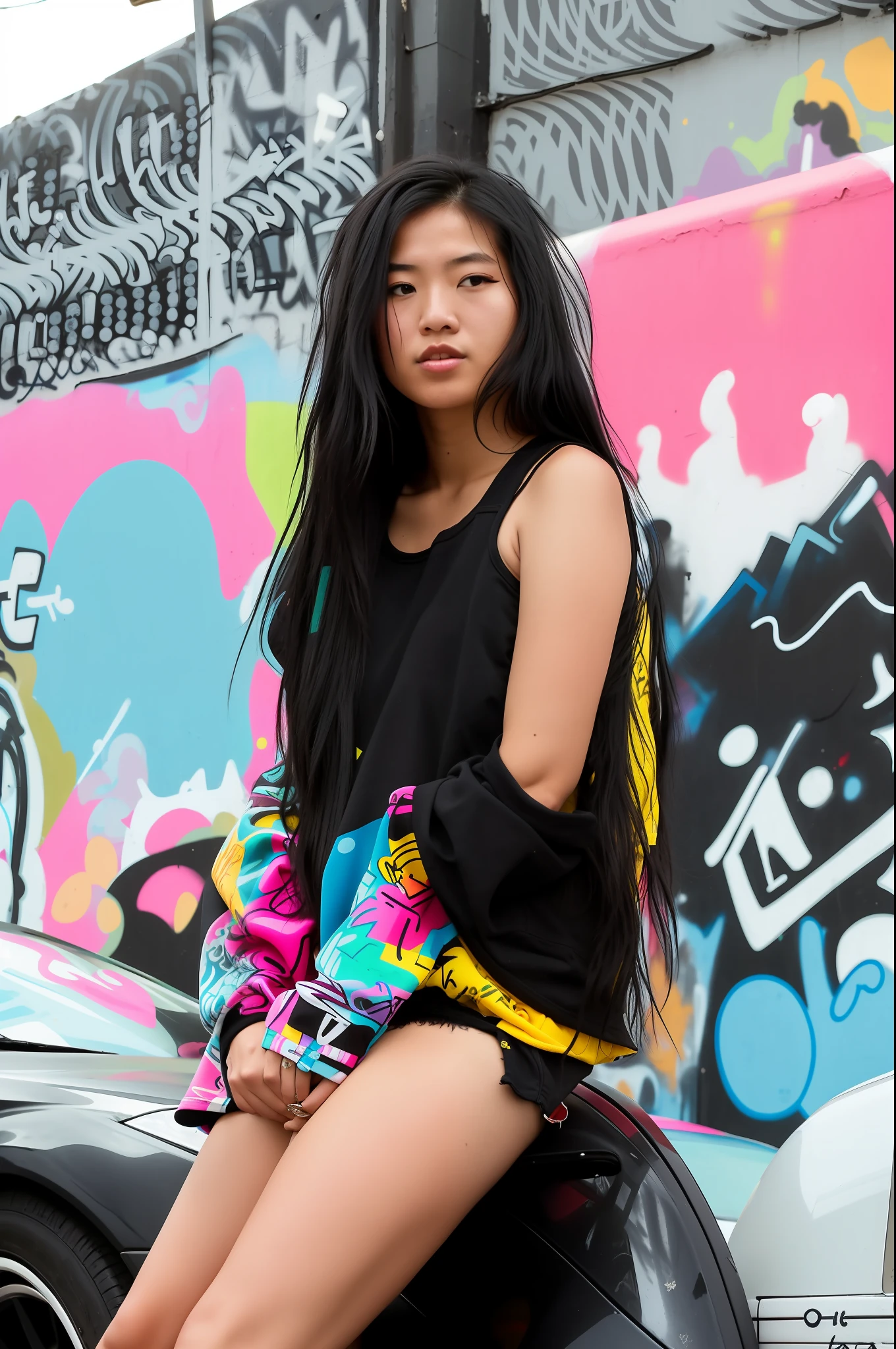 arafed woman sitting on a car with a graffiti wall behind her, young asian girl, asian girl with long hair, young asian woman, asian girl, she is wearing a black tank top, a young asian woman, graffiti in the background, profile shot, female with long black hair, attractive girl, she is wearing streetwear, girl with black hair, basia tran