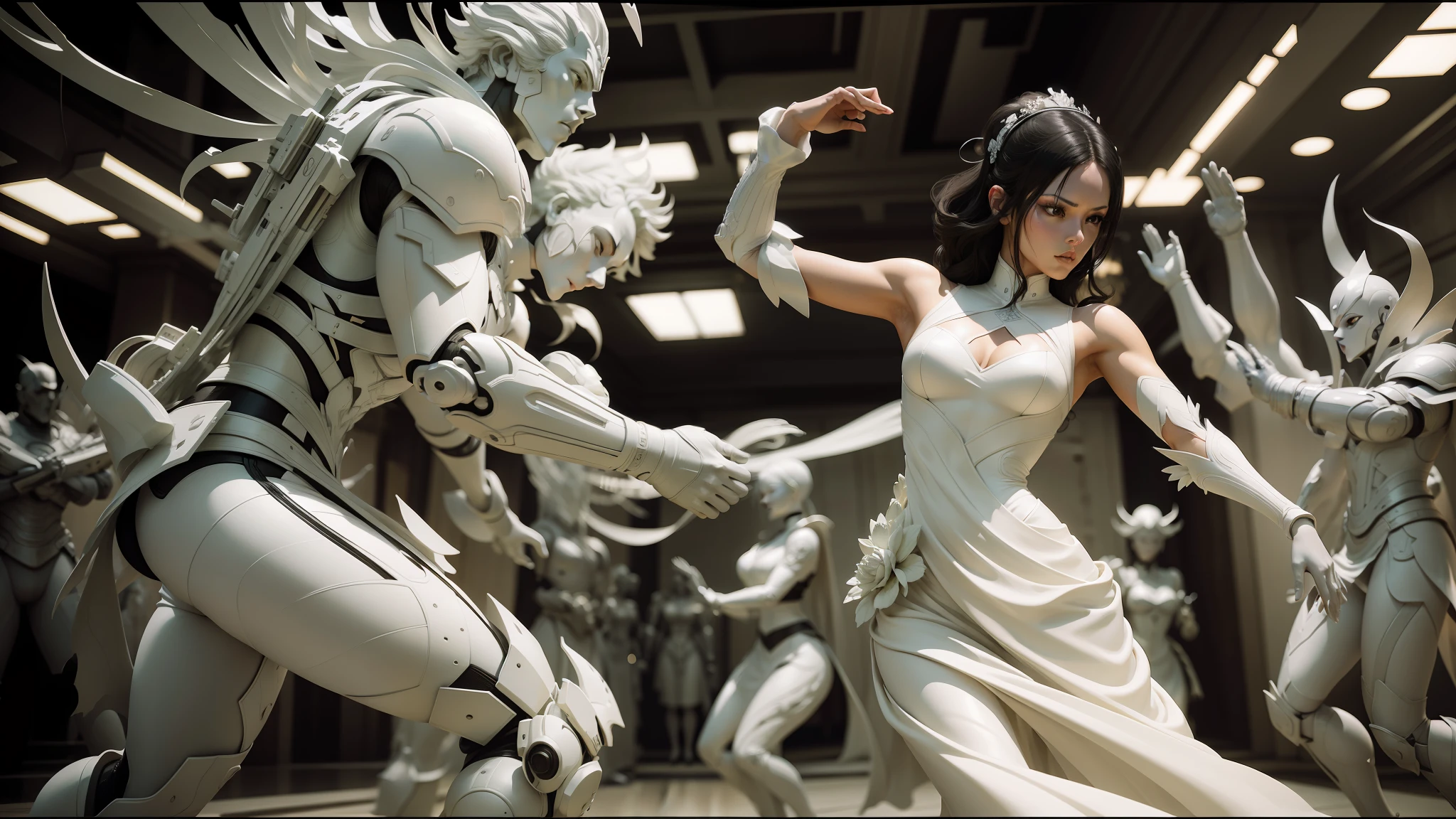 arafed woman in white dress in a room with statues, vfx action shot, style is a blend of æon flux, combat mech clothes, jeffrey smith and rlon wang, dressed in samurai armour, rendering of beauty pageant, syndicate(2012), female dancer, still from alita, media art, porcelain sculpture --ar 16:9 --auto --s2