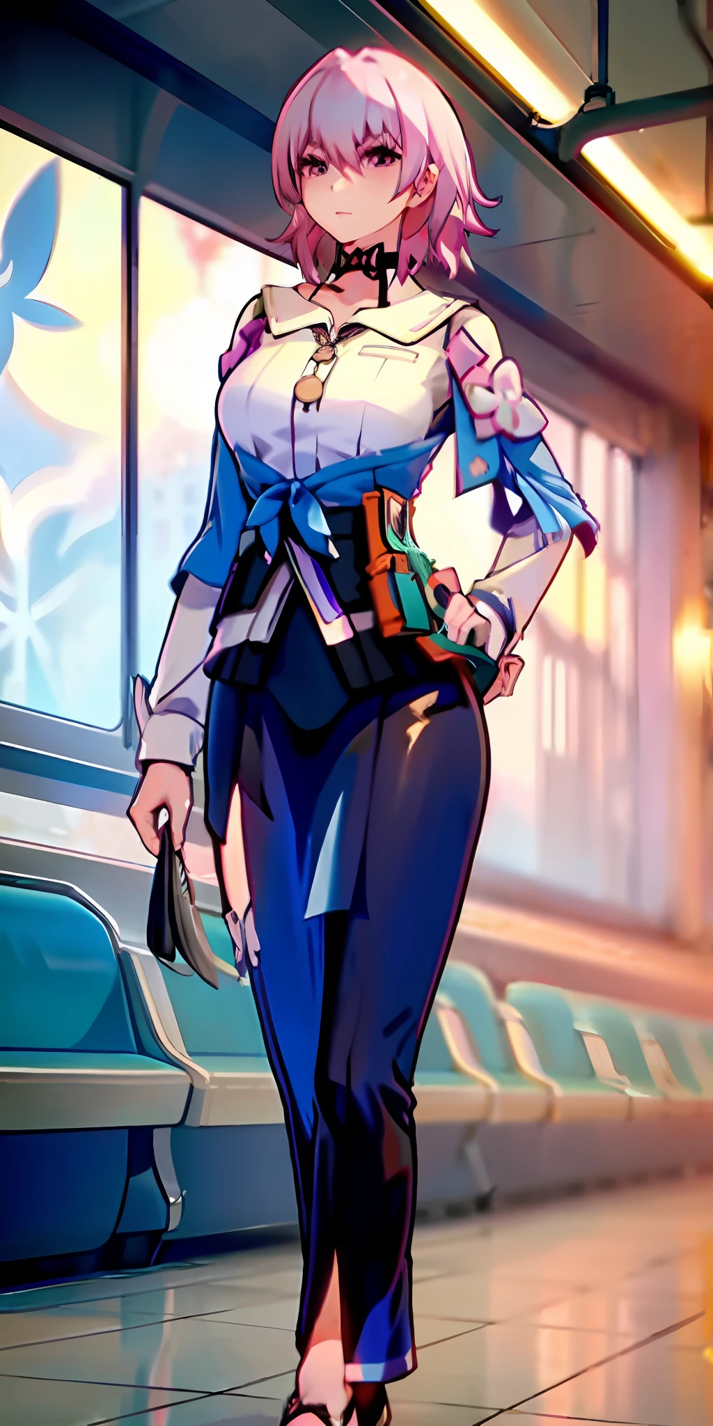 Beautiful tall woman with short pink hair in a train station