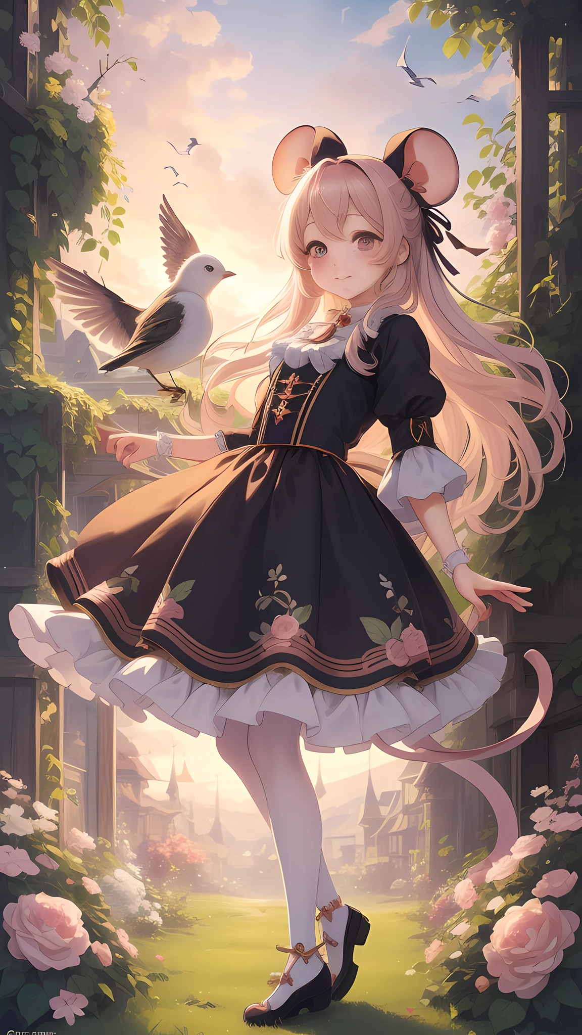 Mouse delicate cute girl, fluffy, soft ((best quality)), ((masterpiece)), ( extreme detail, highest detail, official art, beauty and aesthetics: 1.2), lens stretch, composition, full body, (beautiful and detailed eyes: 1.3), dressed in kawaii costume, (very happy: 1), background bushes, dusk, burning clouds, birds
