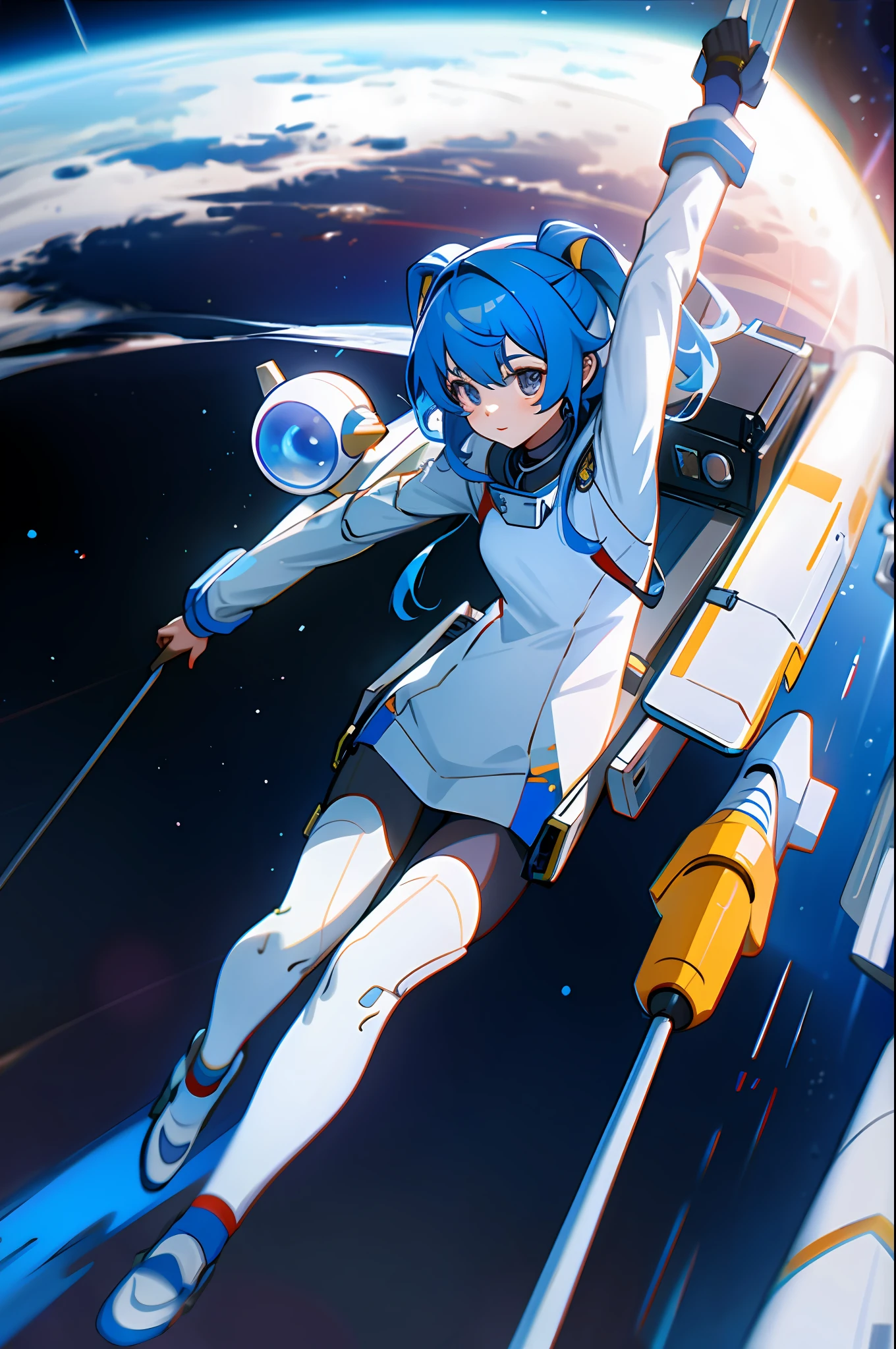 After the curvature spacecraft was built, the blue-haired girl embarked on a space voyage with many people,