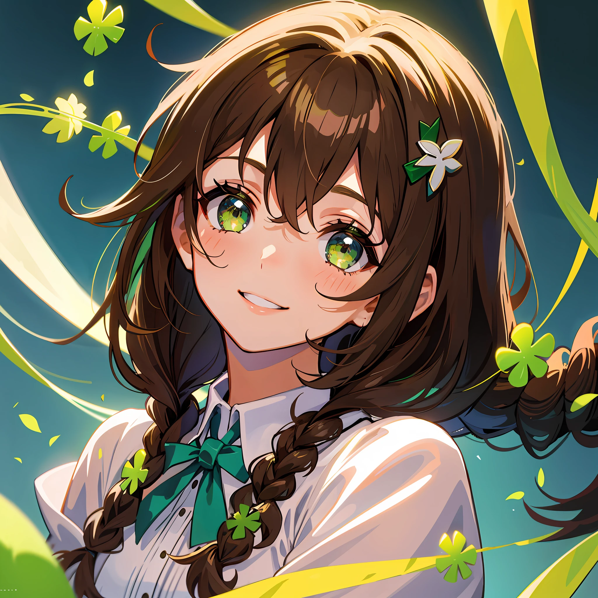 1 girl, brown hair, twisted braids on sides, green eyes, green clover hairpin, dress, upper body, portrait, light smile