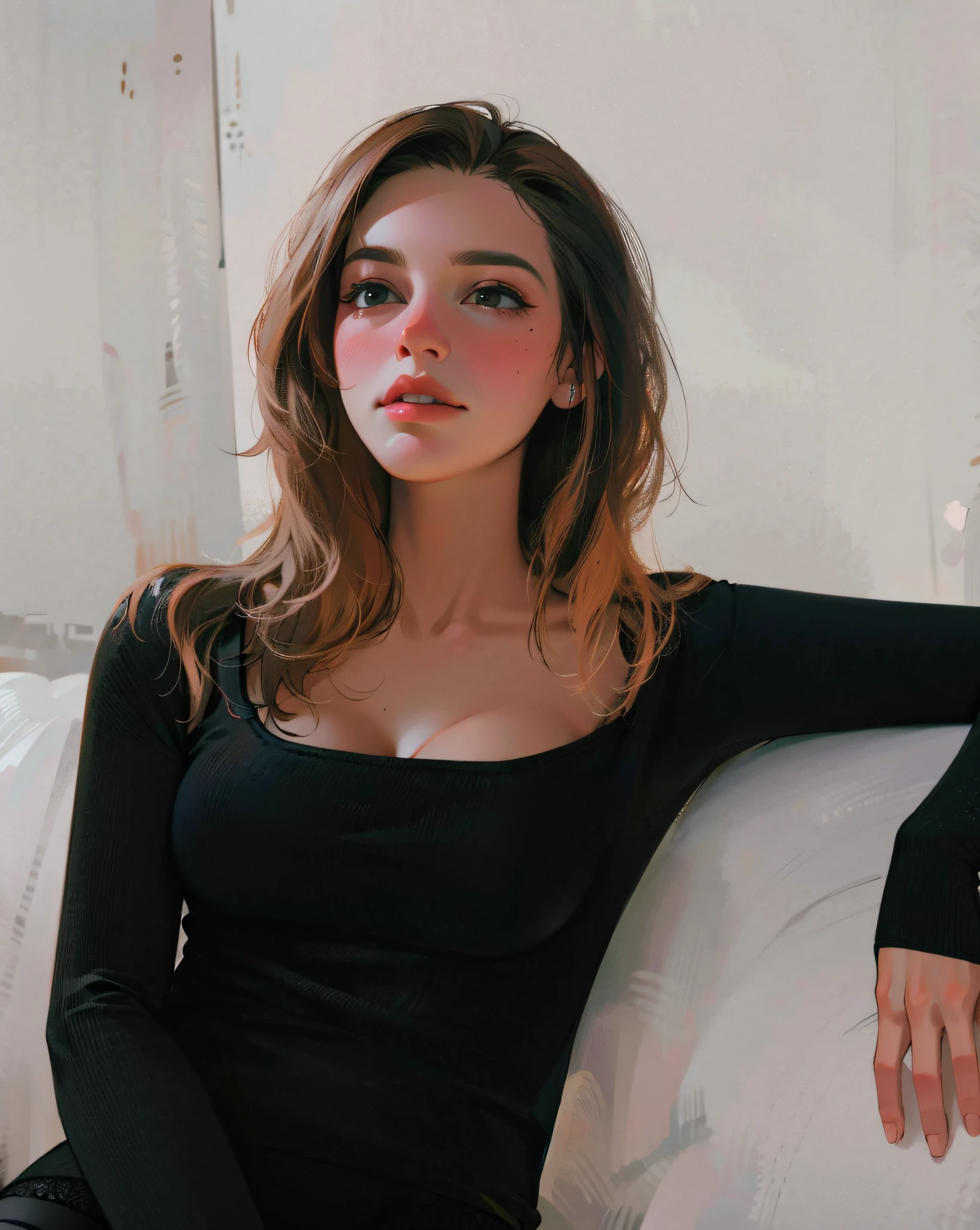 a hyper-realistic portrait of a young woman, half asleep, under a tree, inside a forest, in the middle of nature, 22 years old, realistic, (lying on her side), she is wearing a red panties, (wearing a garter belt and black pantyhose), sexy, (huge breasts 2:1), torn, (all torn), short brown hair, (hair tied with bows), curved, SFW