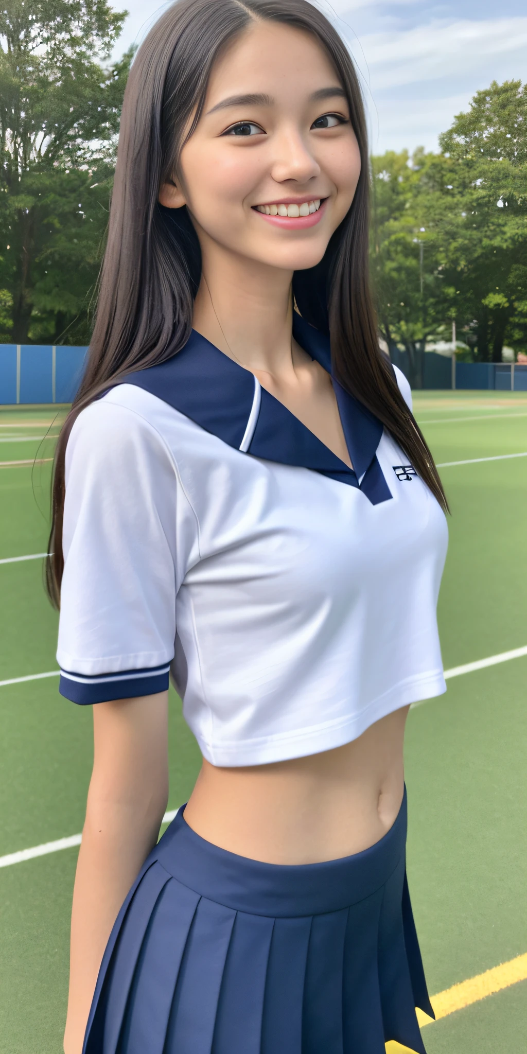 Neat college girl, petite person, (school uniform, summer clothes, short sleeves), outside the athletics field, (slim), photorealistic, detail, skin texture, ultra detail, delicate and sexy collarbone, smile, super detailed face, detailed lips, detailed eyes, double eyelids, breast enhancement, navel, constriction, small breasts, small, flat