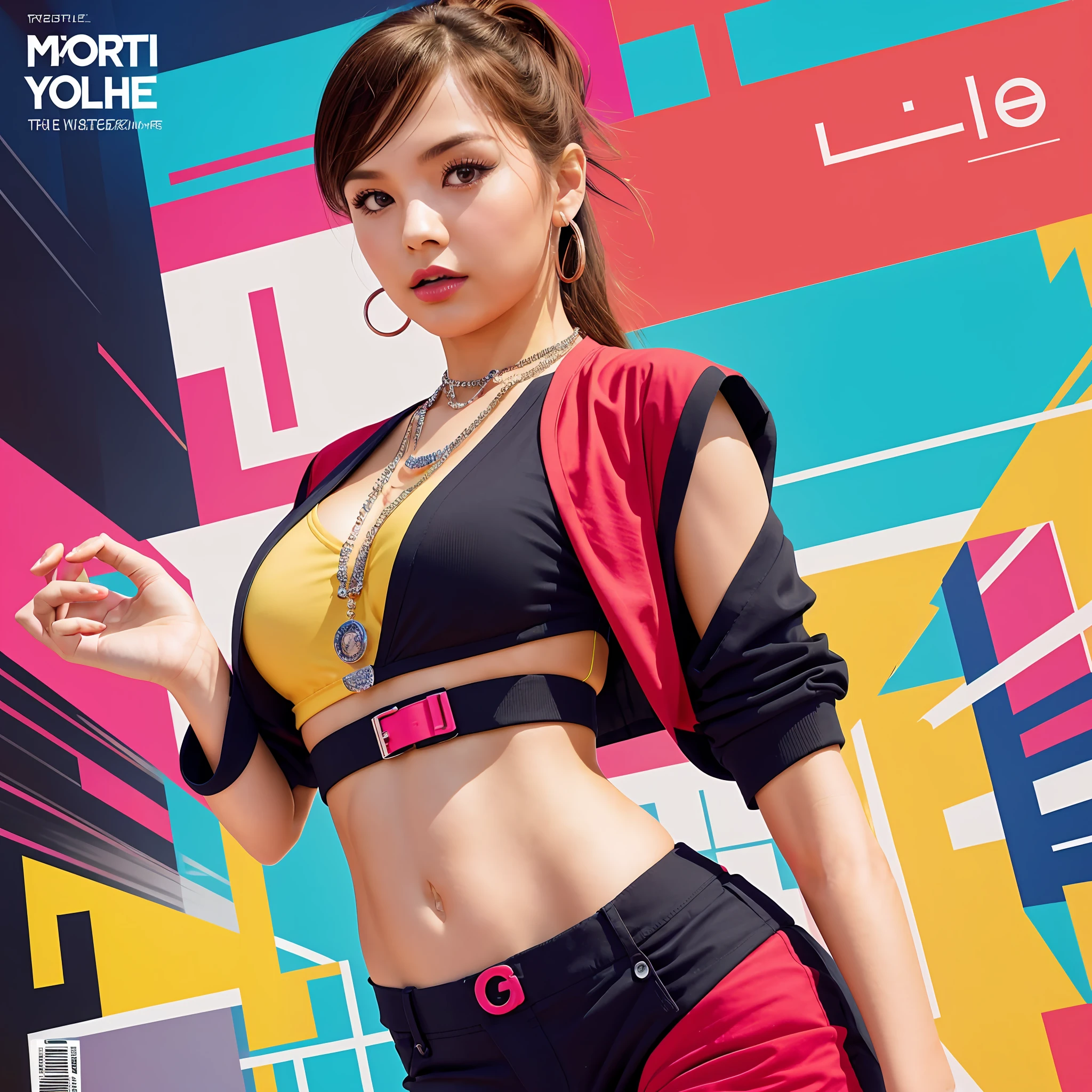 (Magazine cover style illustration of a vibrant, fashionable woman dressed in a vibrant fashion with colorful, dynamic background. She has a confident expression, a statement accessory in hand, and the cover text should be eye-catching, plus the title of the magazine and the catchy title. Overall style modern fashion, focus on fashion and lifestyle), wallpaper, crowd, fashion, lipstick, ray tracing, depth of field, street, public solo, looking at the audience, smooth skin, opposite, navel, abdomen, necklace, female focus, model, mid-chest, street, public, uniform, shorts, arms crossed, cool, see-through, jitome, underboob, floating hair, sexy, fine fabric emphasis, dynamic posture, negative space: 0.35, realistic: 1.33, (Adults: 1.4) --auto --s2