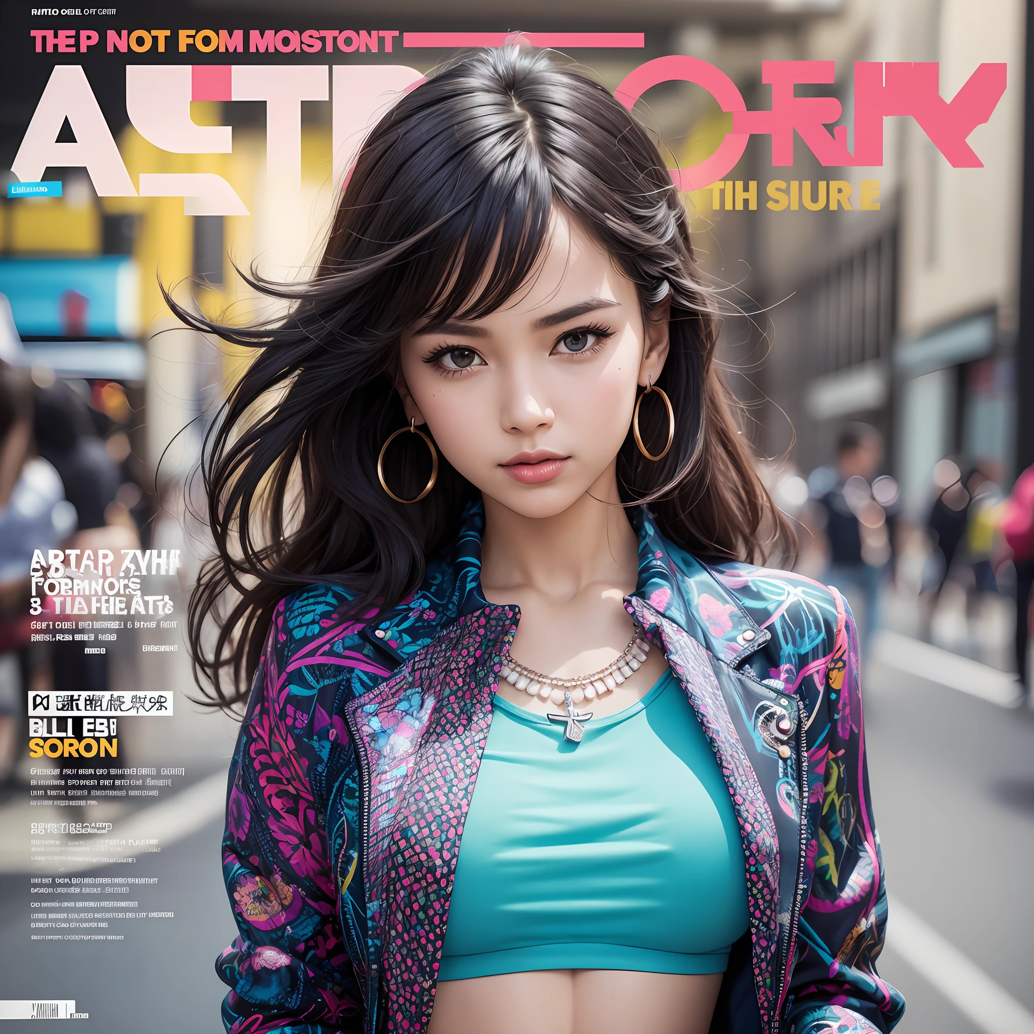 (Magazine cover style illustration of a vibrant, fashionable woman dressed in a vibrant fashion with colorful, dynamic background. She has a confident expression, a statement accessory in hand, and the cover text should be eye-catching, plus the title of the magazine and the catchy title. Overall style modern fashion, focus on fashion and lifestyle), wallpaper, crowd, fashion, lipstick, ray tracing, depth of field, street, public solo, looking at the audience, smooth skin, opposite, navel, abdomen, necklace, female focus, model, mid-chest, street, public, uniform, shorts, arms crossed, cool, see-through, jitome, underboob, floating hair, sexy, fine fabric emphasis, dynamic posture, negative space: 0.35, realistic: 1.33, (Adults: 1.4) --auto --s2
