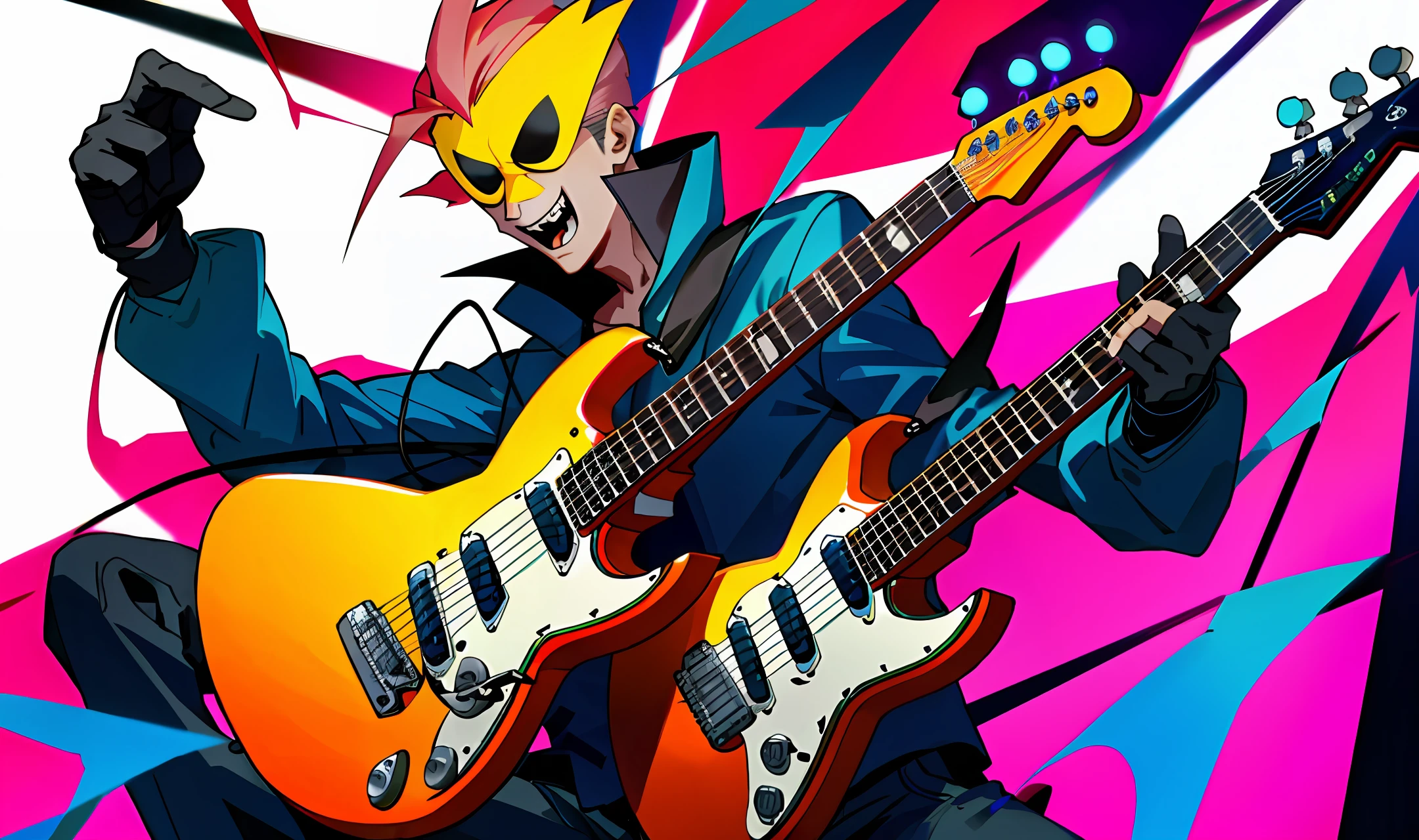 Spider Man with electric guitar and rock singing