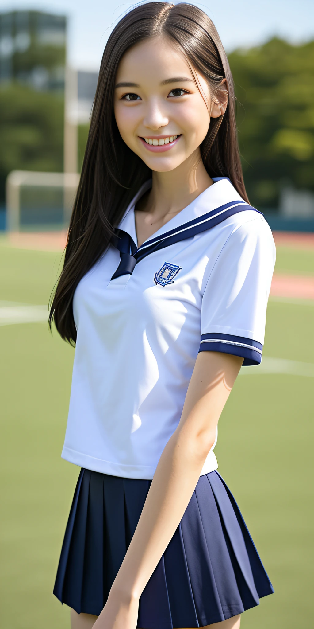 neat college girl, petite, (school uniform, summer clothes, short sleeves), outside the athletic field, (slim), photorealistic, detail, skin texture, ultra detail, delicate and sexy collarbone, smile, super detailed face, detailed lips, detailed eyes, breast emphasis