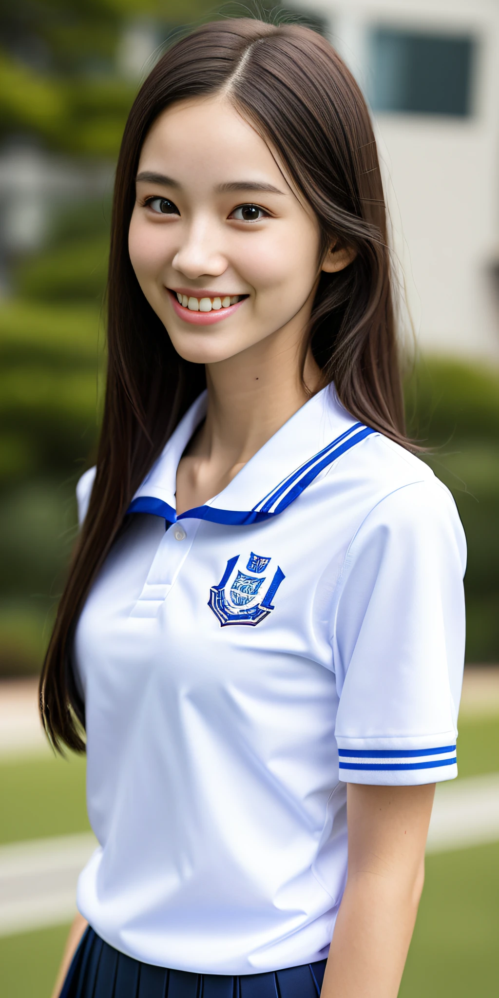 neat college girl, petite, (school uniform, summer clothes, short sleeves), outside the athletic field, (slim), photorealistic, detail, skin texture, ultra detail, delicate and sexy collarbone, smile, super detailed face, detailed lips, detailed eyes, breast emphasis