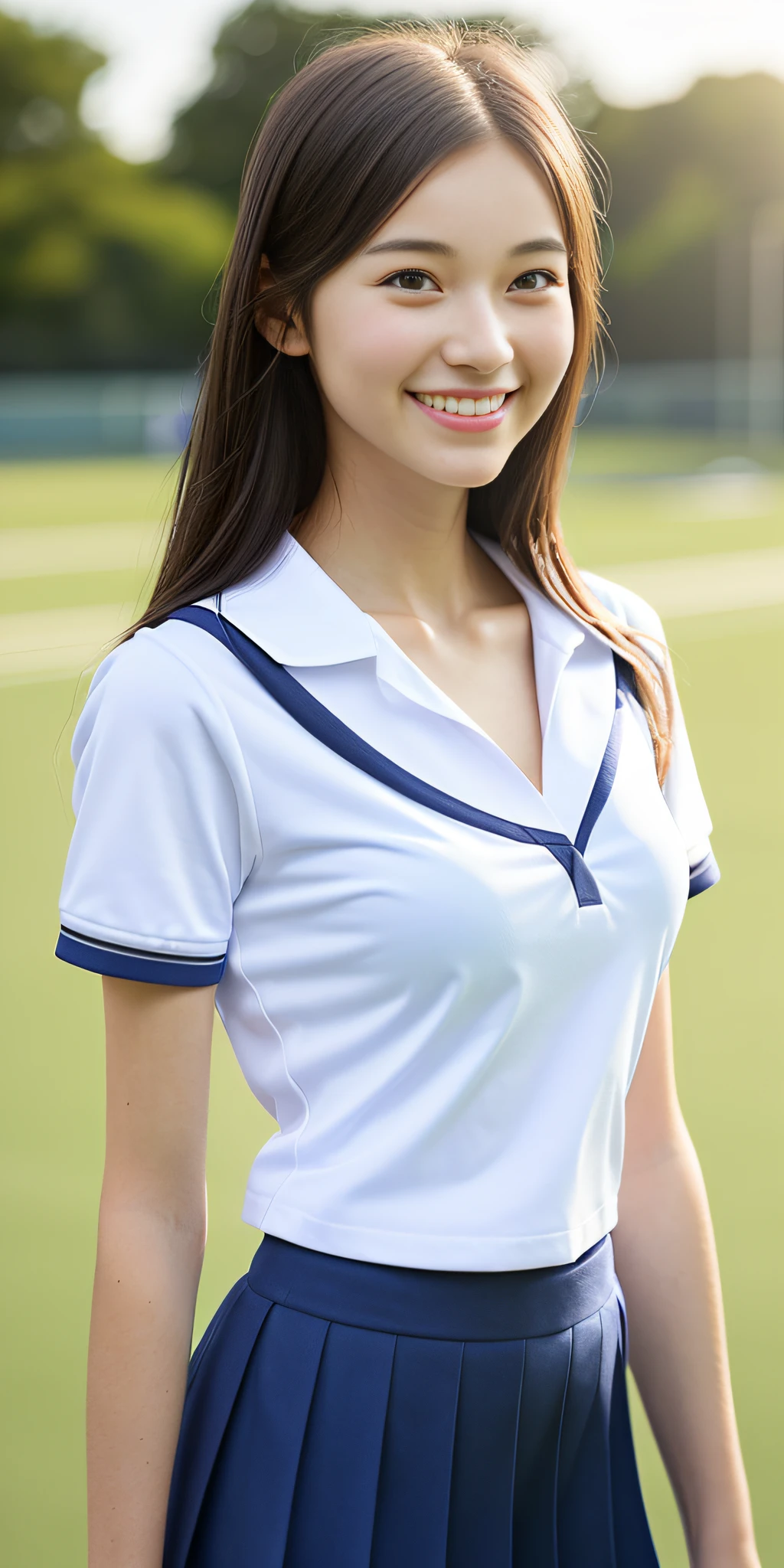 neat college girl, petite, (school uniform, summer clothes, short sleeves), outside the athletic field, (slim), photorealistic, detail, skin texture, ultra detail, delicate and sexy collarbone, smile, super detailed face, detailed lips, detailed eyes, breast emphasis