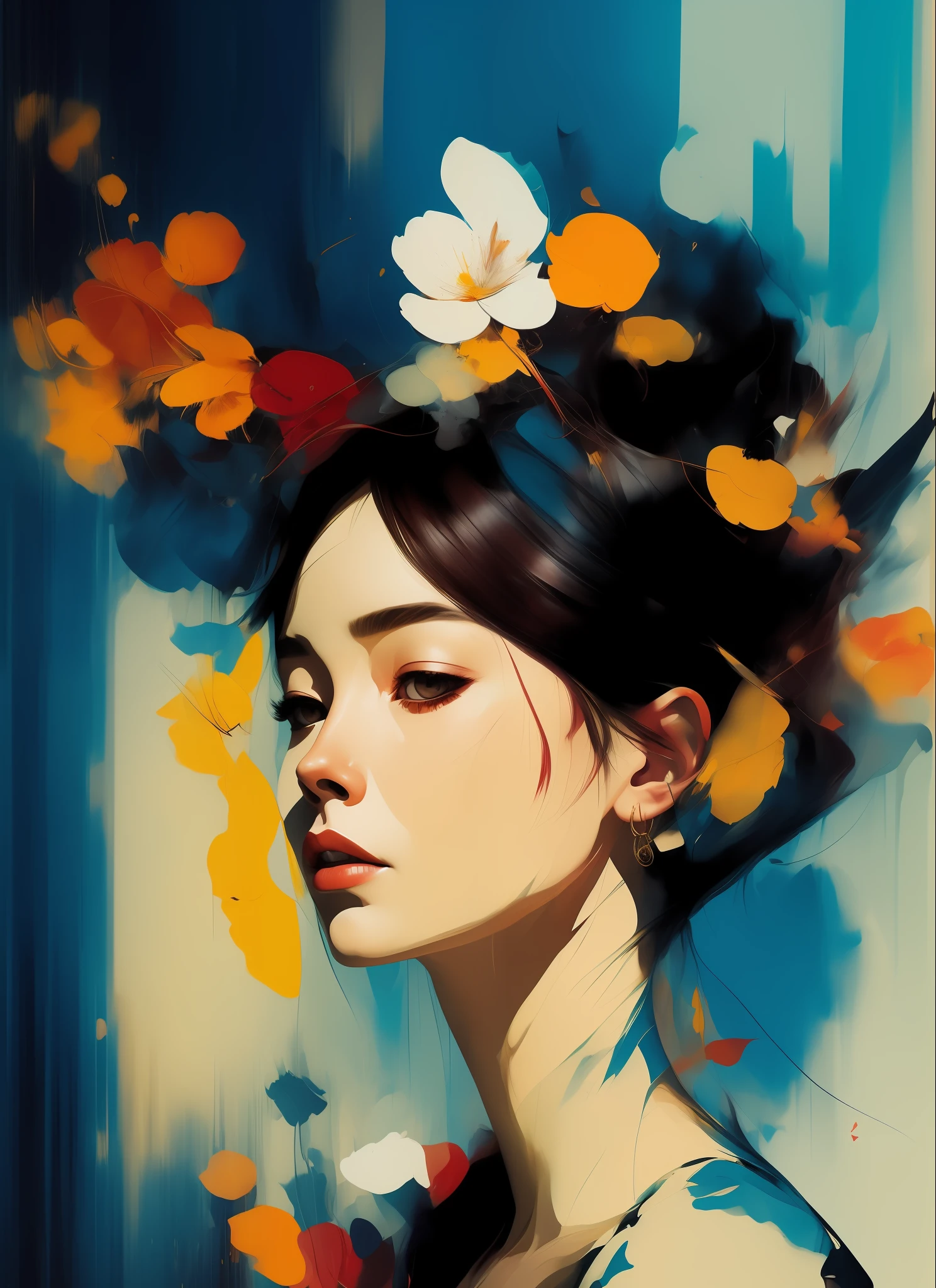 Style by Adrian Ghenie, Esao Andrews, Jenny Saville, Edward Hopper, Surrealism, Dark Art by James Jean, Takato Yamamoto, Inkpunk Minimalism, A Beautiful Woman in a pose, Short Hair, in Spring, Artbook, game_cg, Japanese, Plump, Portrait of a Beautiful Fashion, Fashion Editorial, Studio Photography, Magazine Photography, Pointed Nose, Blurred Background, Blurred Background