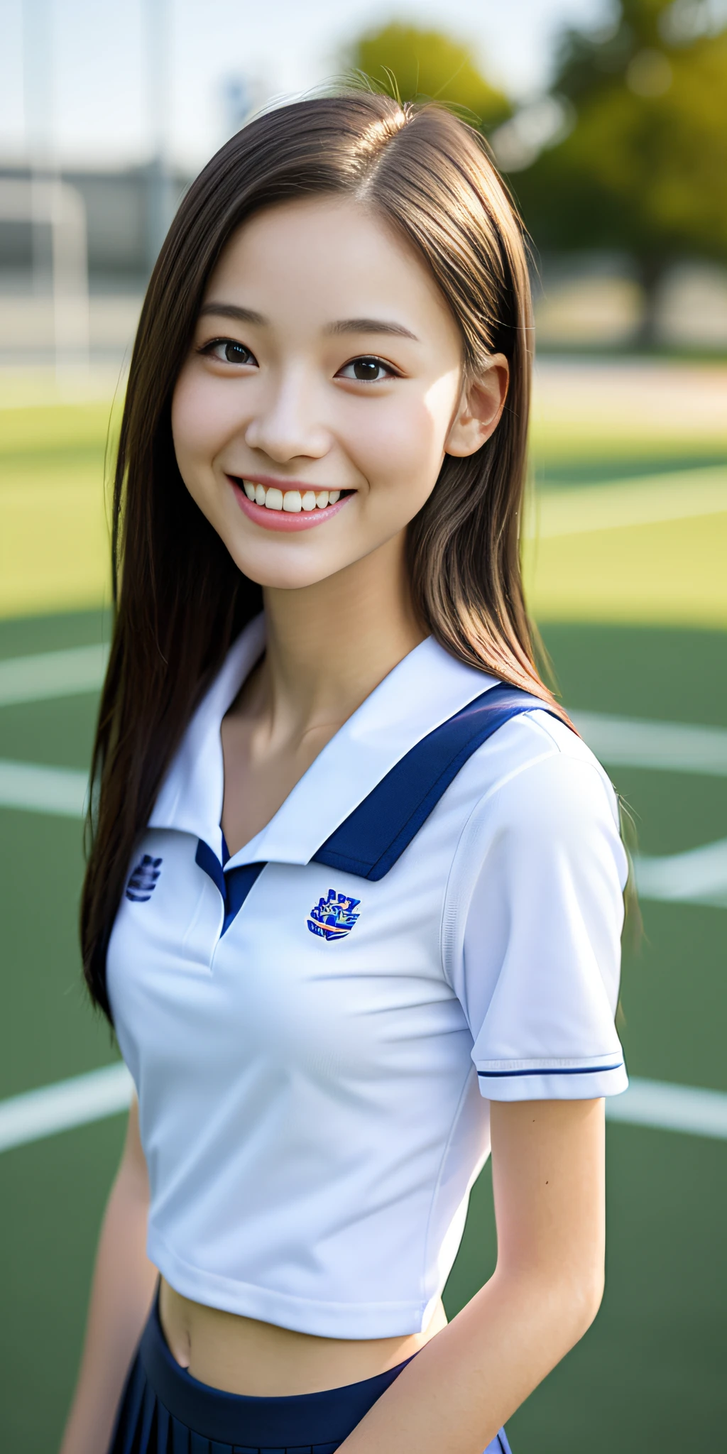neat college girl, petite, (school uniform, summer clothes, short sleeves), outside the athletic field, (slim), photorealistic, detail, skin texture, ultra detail, delicate and sexy collarbone, smile, super detailed face, detailed lips, detailed eyes, breast emphasis
