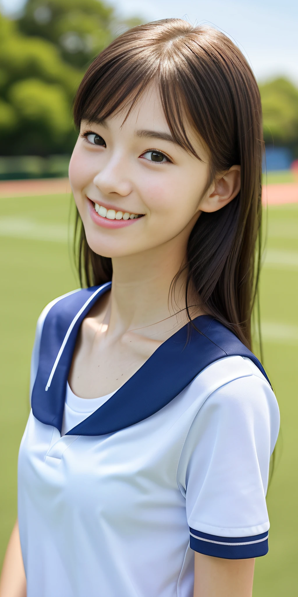 neat college girl, ite, (school uniform, summer clothes, short sleeves), outside the athletic field, (slim), photorealistic, detail, skin texture, ultra detail, delicate and sexy collarbone, smile, super detailed face, detailed lips, detailed eyes, breast emphasis