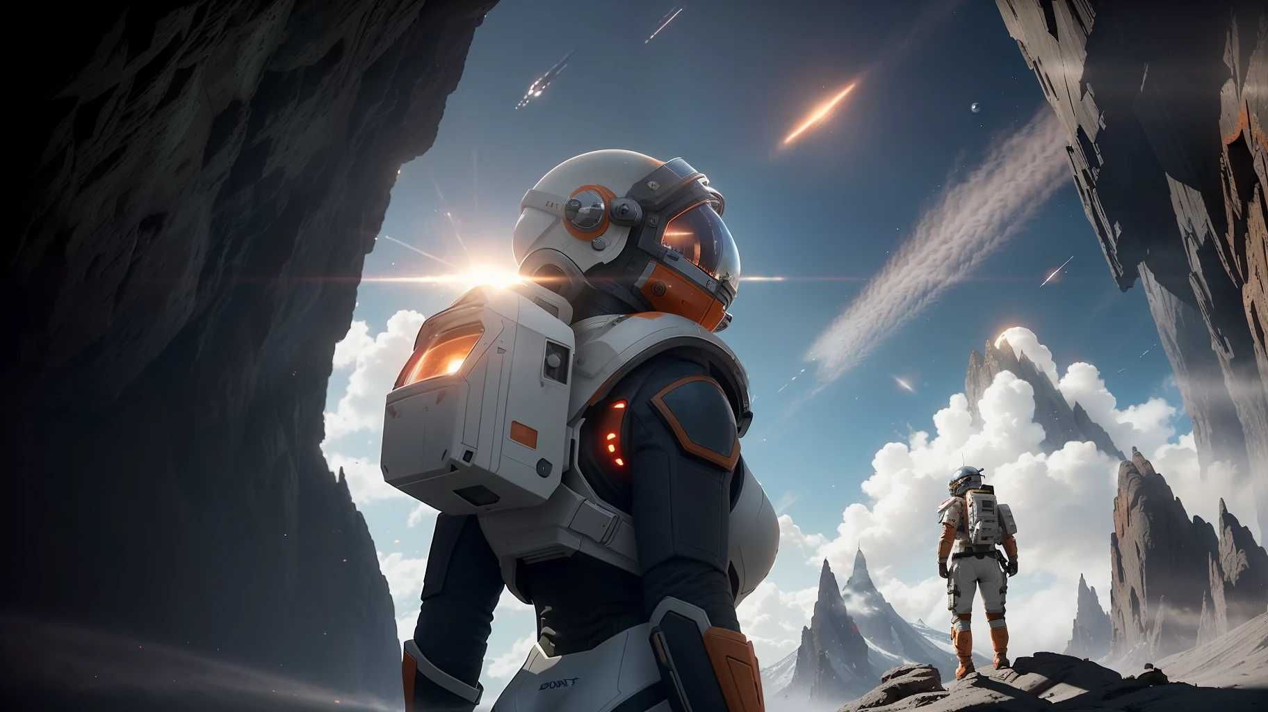 rear angle, Highly detailed RAW color Photo, Rear Angle, Full Body, of (female space soldier, wearing orange and white space suit, helmet, tined face shield, rebreather, accentuated booty), outdoors, (looking up at advanced alien structure, on alien planet), toned body, big butt, (sci-fi), (mountains:1.1), (lush green vegetation), (two moons in sky:0.8), (highly detailed, hyperdetailed, intricate), ((DAY TIME)), (lens flare:0.7), (bloom:0.7), particle effects, raytracing, cinematic lighting, shallow depth of field, photographed on a Sony a9 II, 50mm wide angle lens, sharp focus, cinematic film still from Gravity 2013, from behind