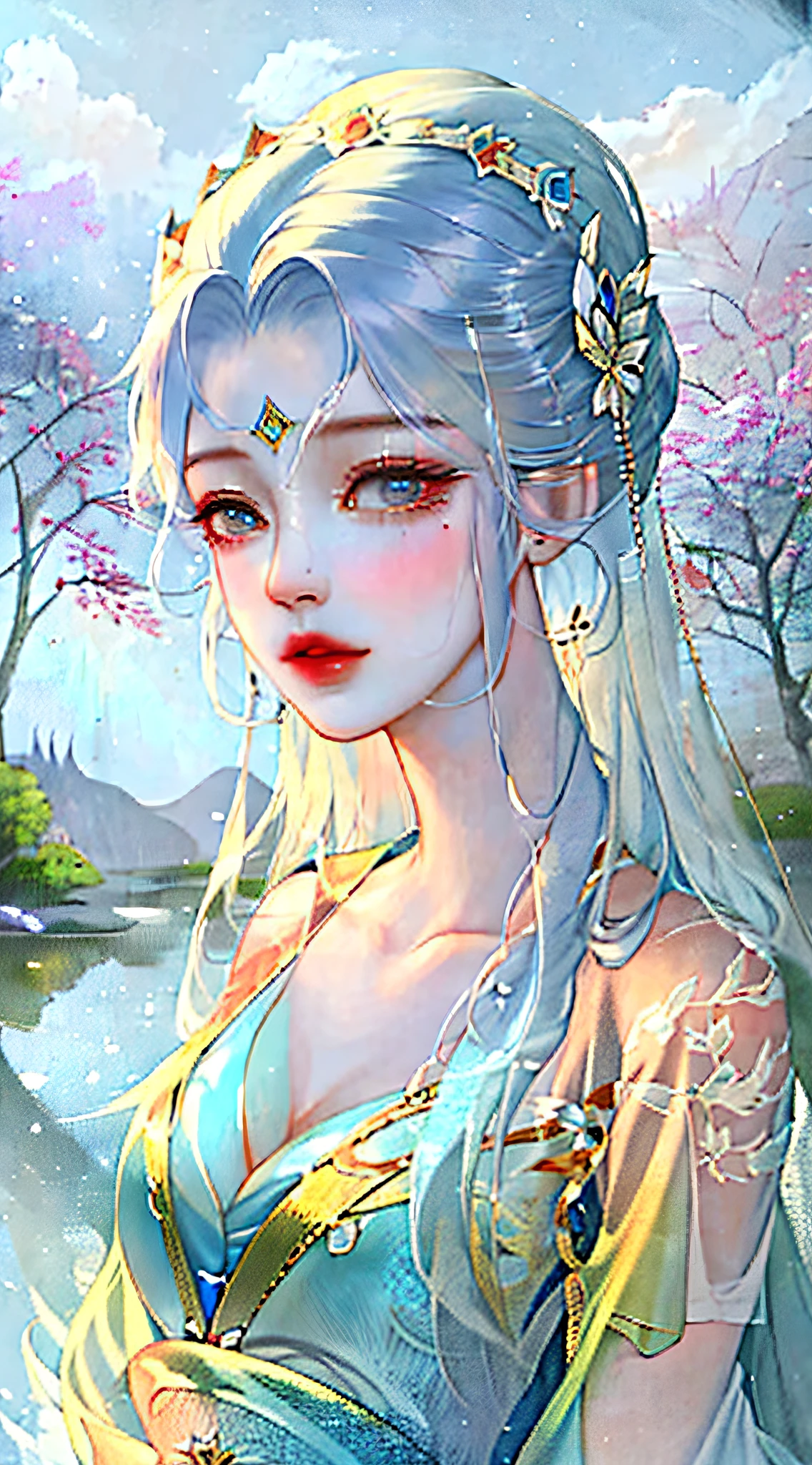 painting of a woman in a blue dress in a pond of water, beautiful character painting, ((a beautiful fantasy empress)), in the art style of bowater, closeup fantasy with water magic, artwork in the style of guweiz, inspired by Chen Yifei, ethereal beauty, a beautiful fantasy empress, inspired by Zhang Yan, palace , a girl in hanfu