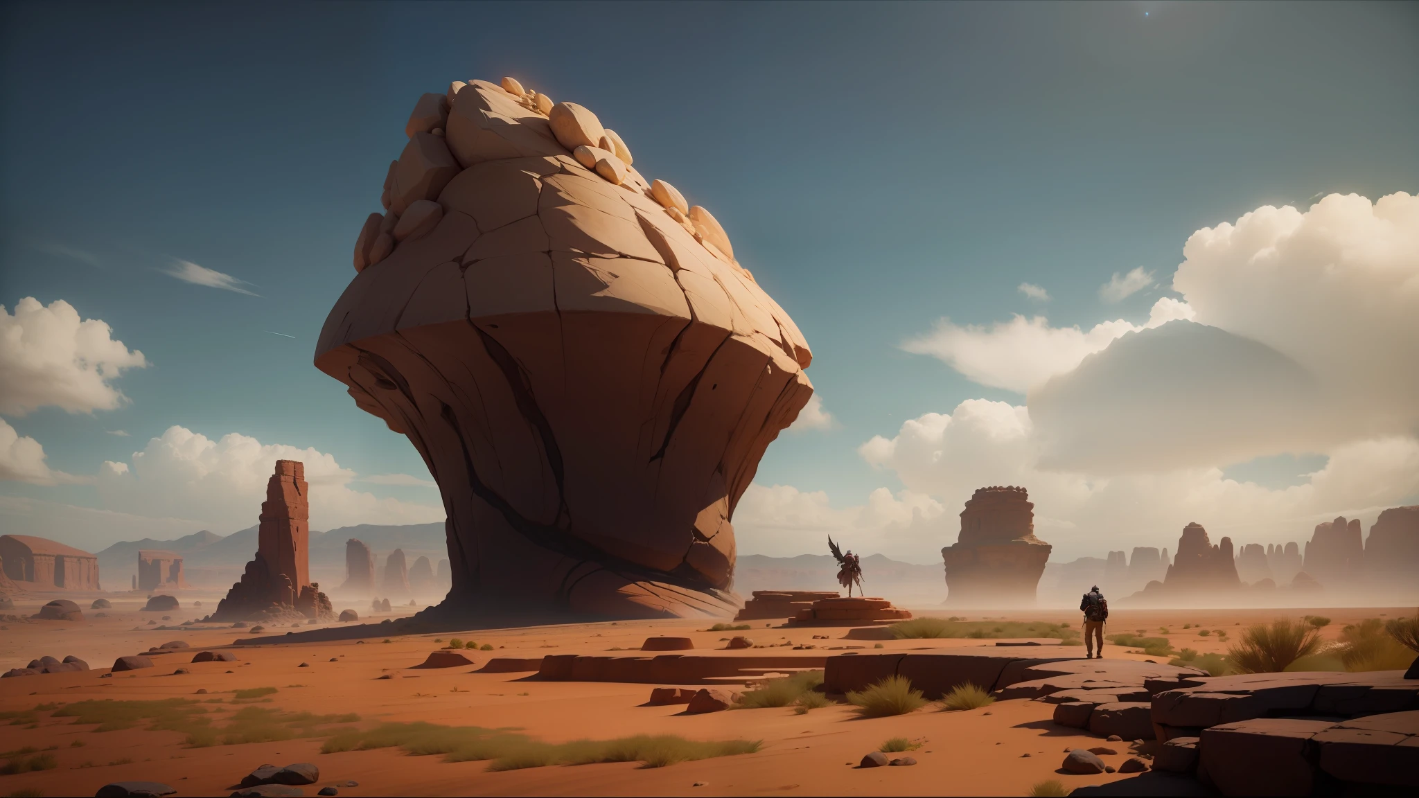there is a man standing in front of a large rock formation, holding a pair of fans. unreal 5, wanderers traveling from afar, trending on unreal engine, cloud of sand, snake is surrounding them, full scene camera shot, spellbreak, morocco, screenshot from the game, giant mushroom --auto --s2
