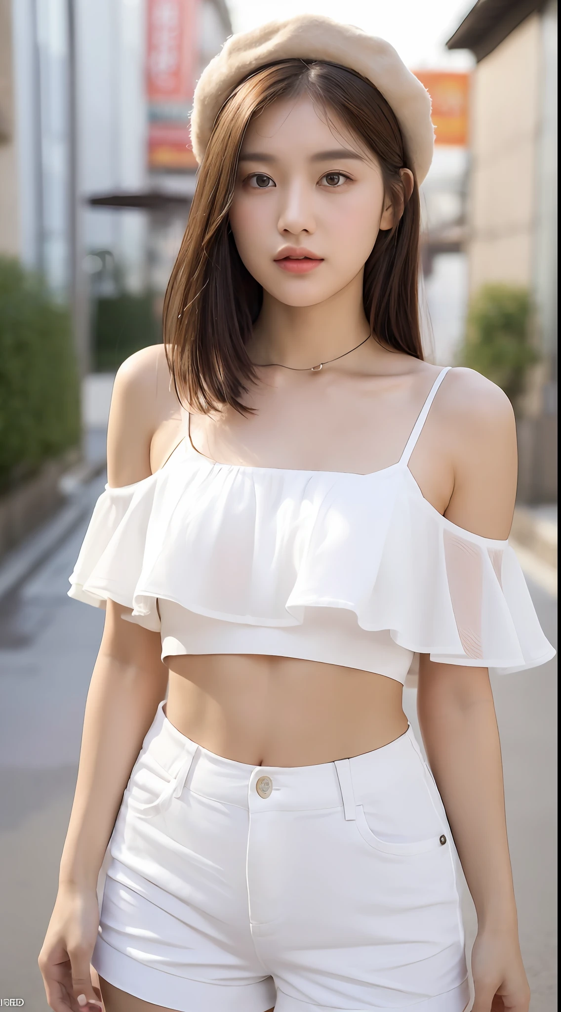 ((Best Quality, 8K, Masterpiece: 1.3)), (Flower Cap: 1.3), Focus: 1.2, Perfect Body Beauty: 1.4, Buttocks: 1.2, (Layered Haircut: 1.2)), (Dark Street: 1.3), Highly Detailed Face and Skin Texture, Full Body, Delicate Eyes, Double Eyelids, Whitened Skin, Long Hair, (Round Face: 1.5), (Loose Crop Top, Shorts: 1.6)