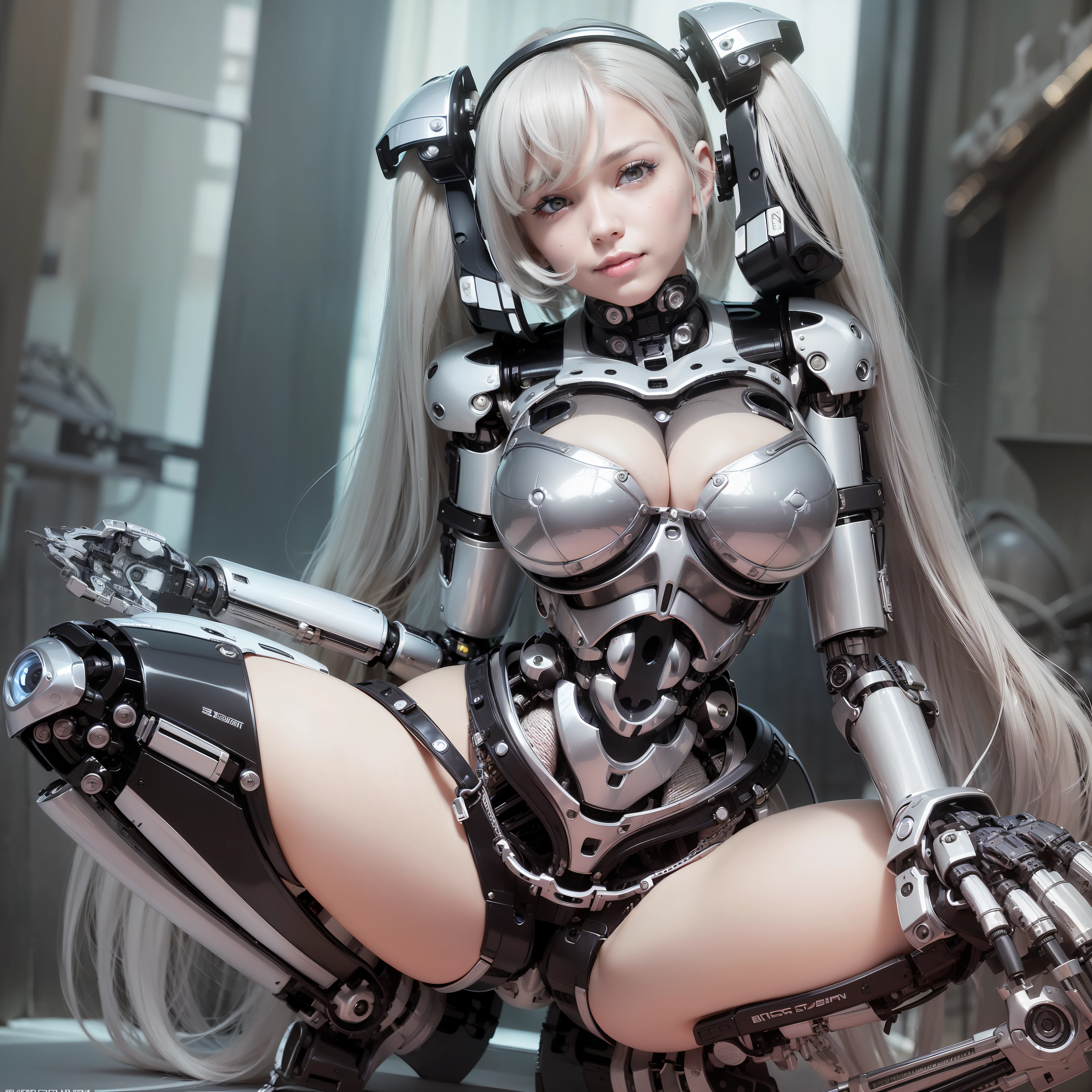 Beautiful Face,1 Woman, Curvaceous, Top Quality, Masterpiece, Ultra Detailed, ((((Bikini Cyborg Robot Parts)))), (Light Grey Hair), Long Hair, Wavy Hair, Twin Tails, Medium Shot, (((Seductive Smile)), (Black Eyes), Princess Cut, (Cowboy Shot),Squatting,Spread Your Legs,HR Giger,